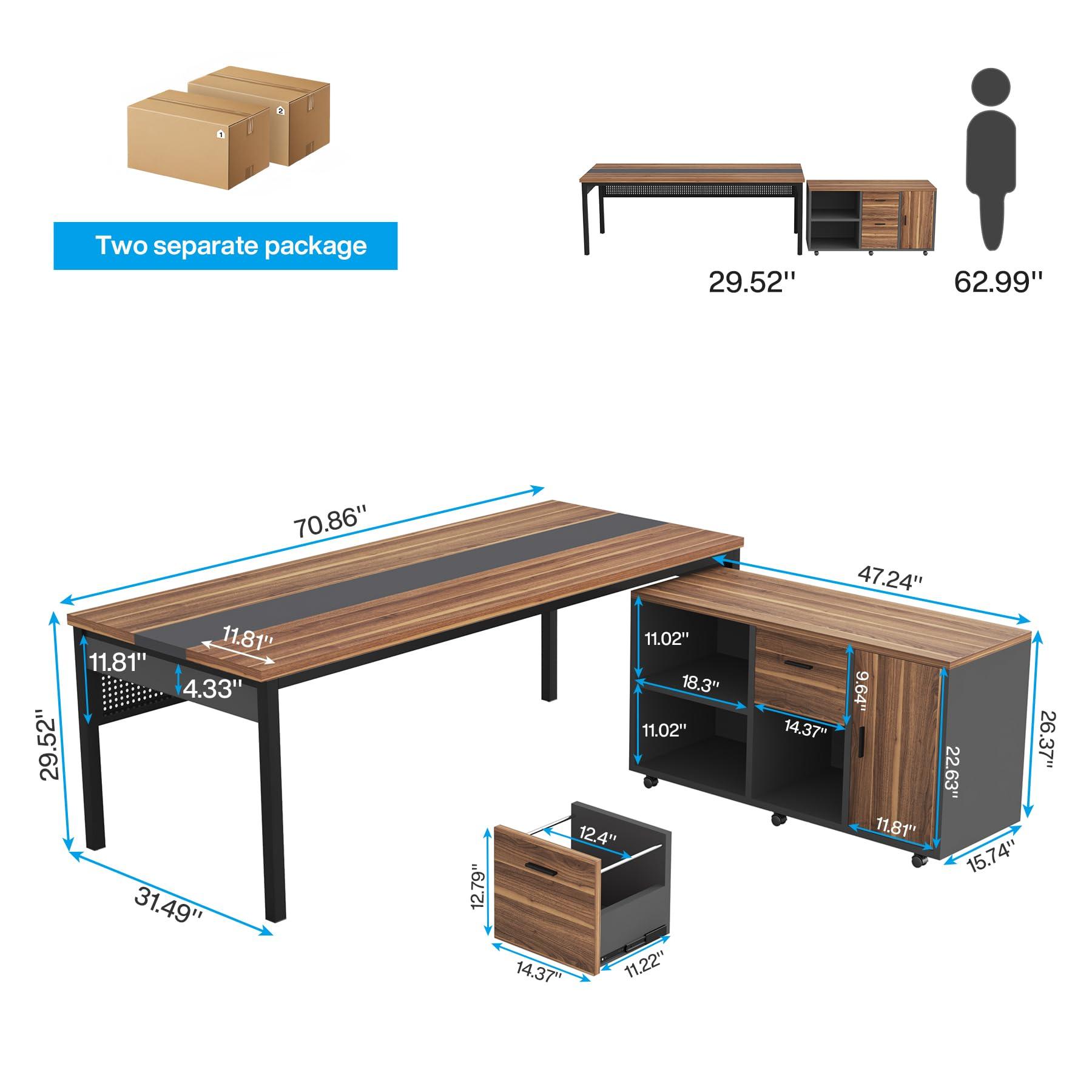 Tribesigns 70.8" Large Executive Office Desk and 47" Lateral File Cabinet Combo, L-Shaped Computer Desk 2 Piece Business Furniture with Drawers and Shelves, Home Office Workstation, Walnut - Image 2