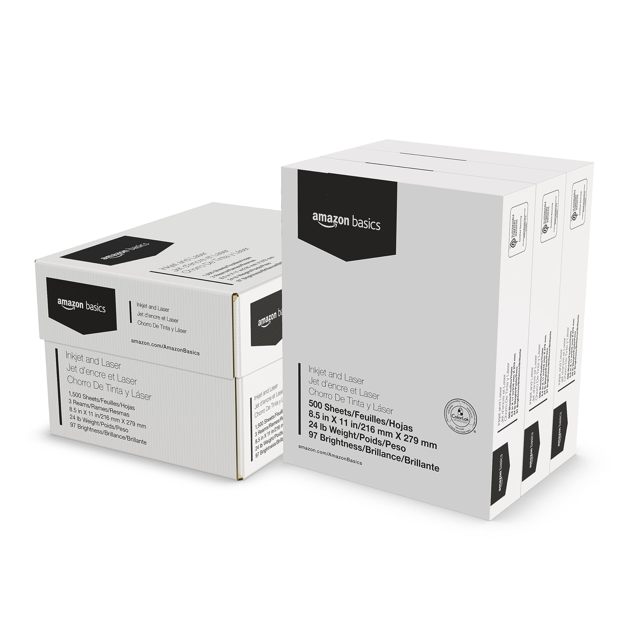 Amazon Basics Multipurpose Copy Printer Paper, 8.5-x-11-inch, 24lb, 1500 Sheets (3 Packs of 500), 97 Bright White