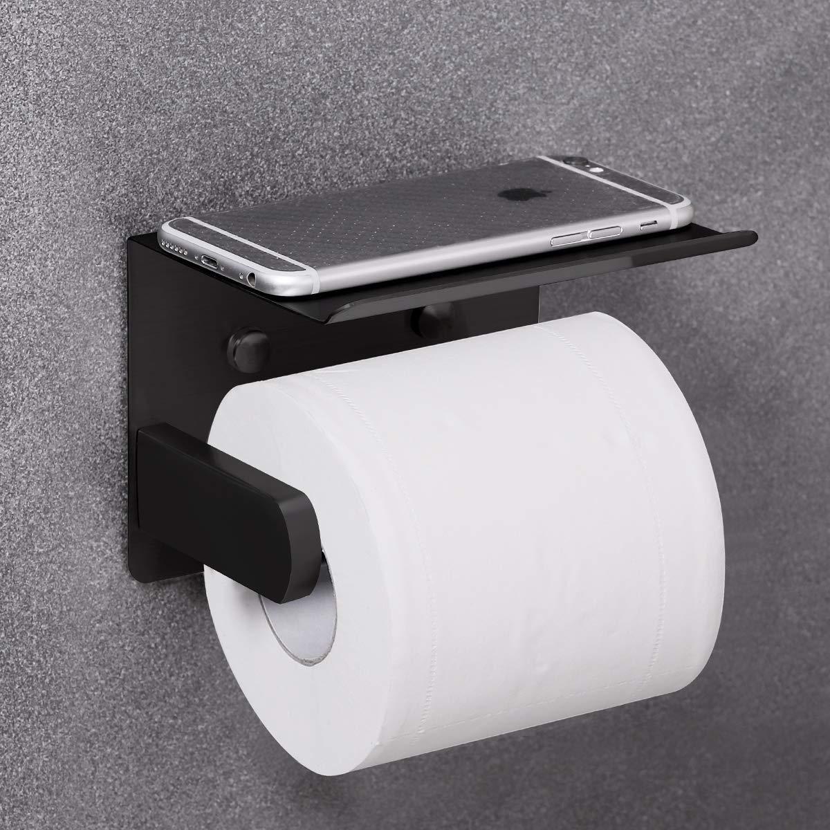 VAEHOLD Self Adhesive Toilet Paper Holder with Phone Shelf Stainless Steel Wall Mounted Toilet Paper Roll Holder - Rustproof and Bathroom Washroom Tissue Roll Holder with Shelf - Black - Image 2