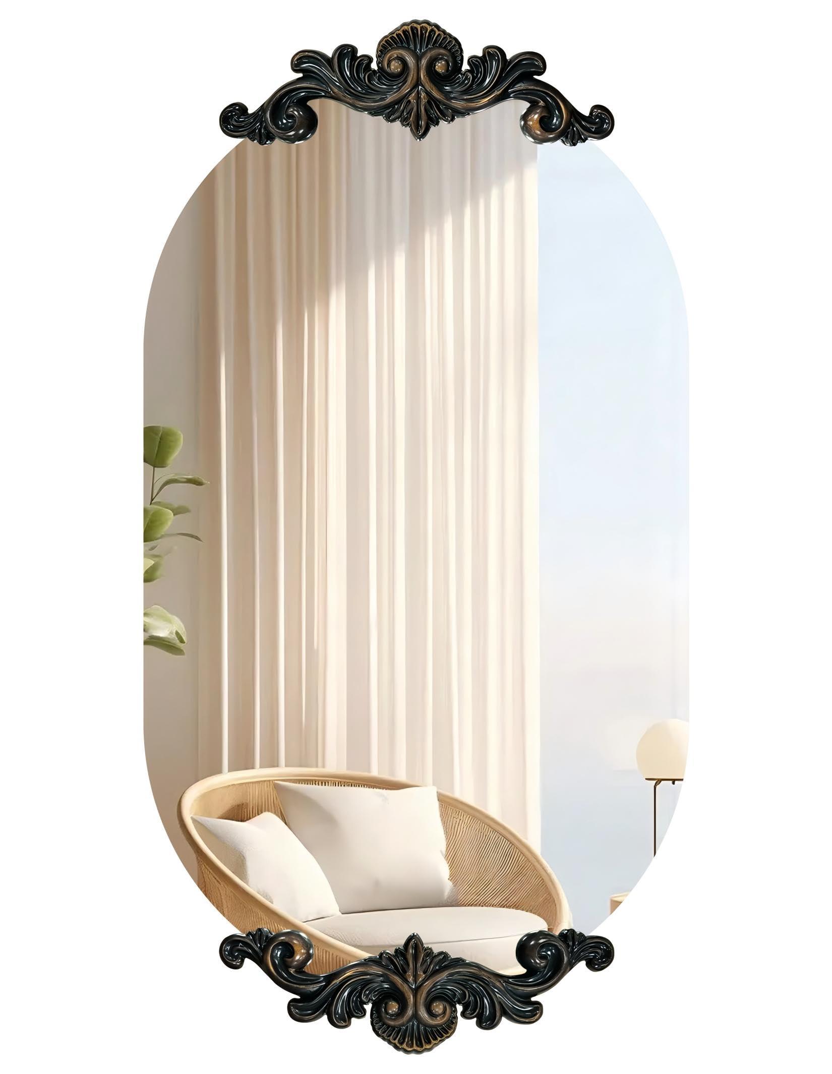 Artloge Frameless Mirror Oblong Oval: 40x20inches Wall Mounted Sleek Silver Mirror with Baroque Style Flower Frame Edge Decorative Vanity for Bathroom Bedroom Livingroom Entryway Hallway - Image 9