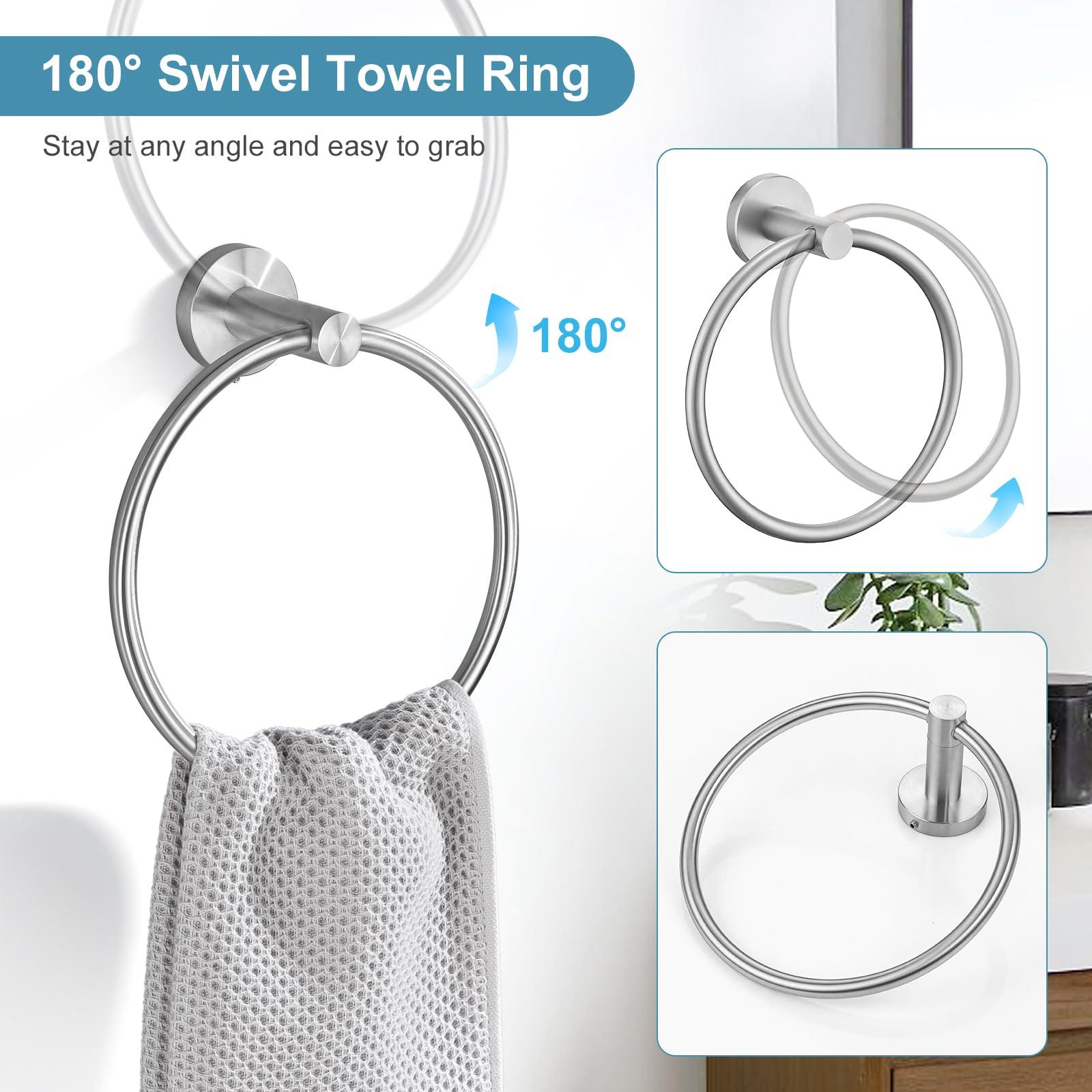 TQKAG Brushed Nickel Bathroom Hardware Set 6-Piece Bathroom Accessory Set 23.6 Inch Round Stainless Steel Towel Bar Set Wall Mounted - Image 5