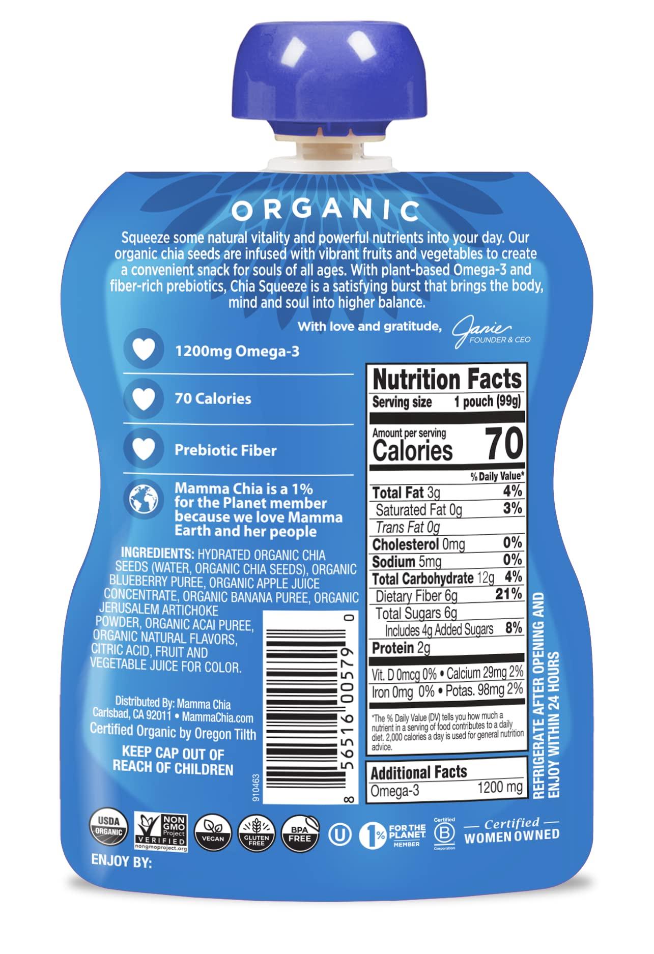 Mamma Chia Organic Prebiotic Squeeze Snack, Blueberry Acai, Fiber-Rich Prebiotic Gut Support, USDA Certified Organic, Non-GMO, Vegan, Gluten Free, 14 Ounce (Pack of 6) - Image 2