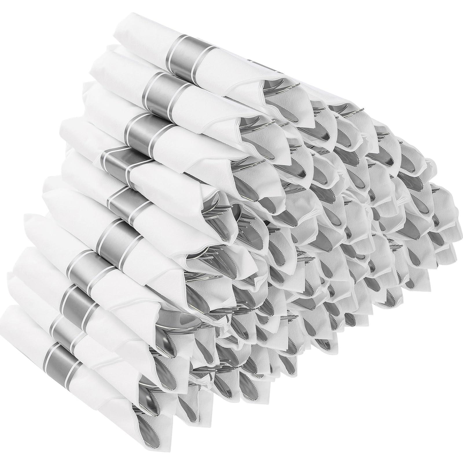 Goodluck 50 Pack Pre Rolled Silver Plastic Silverware, Wrapped Plastic Cutlery Set with Napkin Include 50 Forks, 50 Knives, 50 Spoons and 50 Napkins, Fancy Disposable Silverware for Party, Wedding