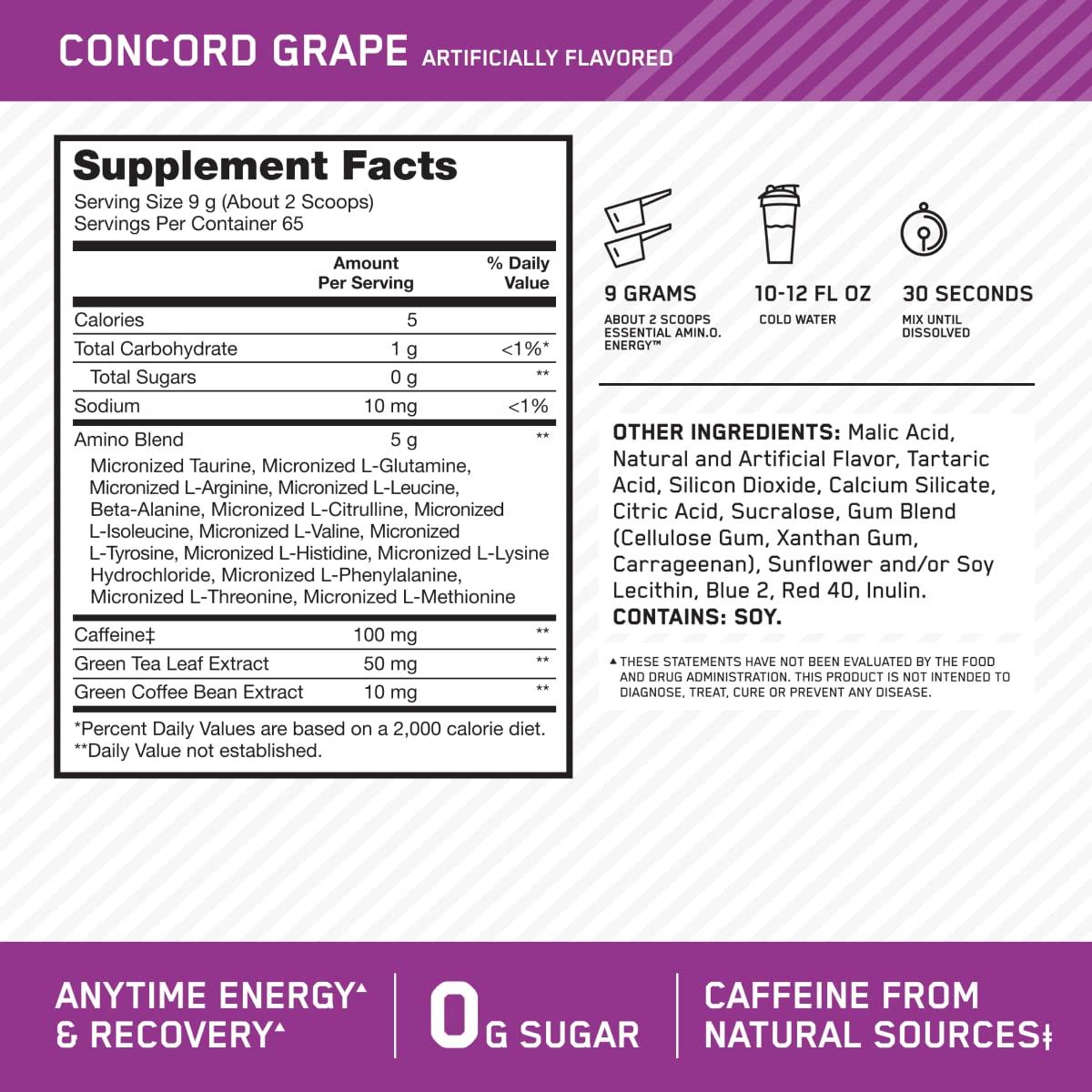 Optimum Nutrition Amino Energy - Pre Workout with Green Tea, BCAA, Amino Acids, Keto Friendly, Green Coffee Extract, Energy Powder - Concord Grape, 65 Servings (Packaging May Vary) - Image 3