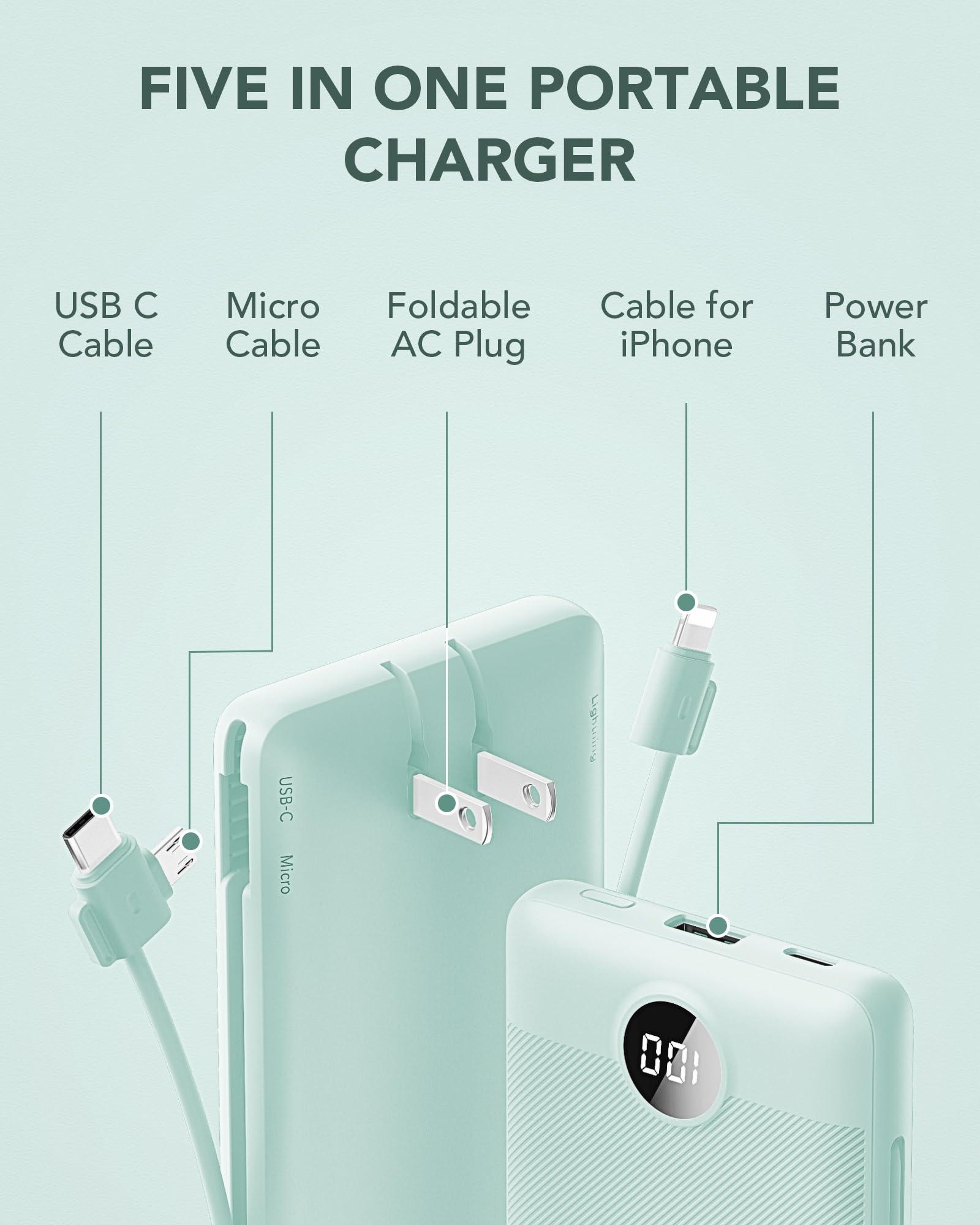 VRURC Portable Charger Built-in Cables and AC Wall Plug, USB C Power Bank 10000mAh, Travel Battery Portable Phone Charger Compact Lightweight External Battery Pack for Smart Phones, Tablets etc-Green - Image 3