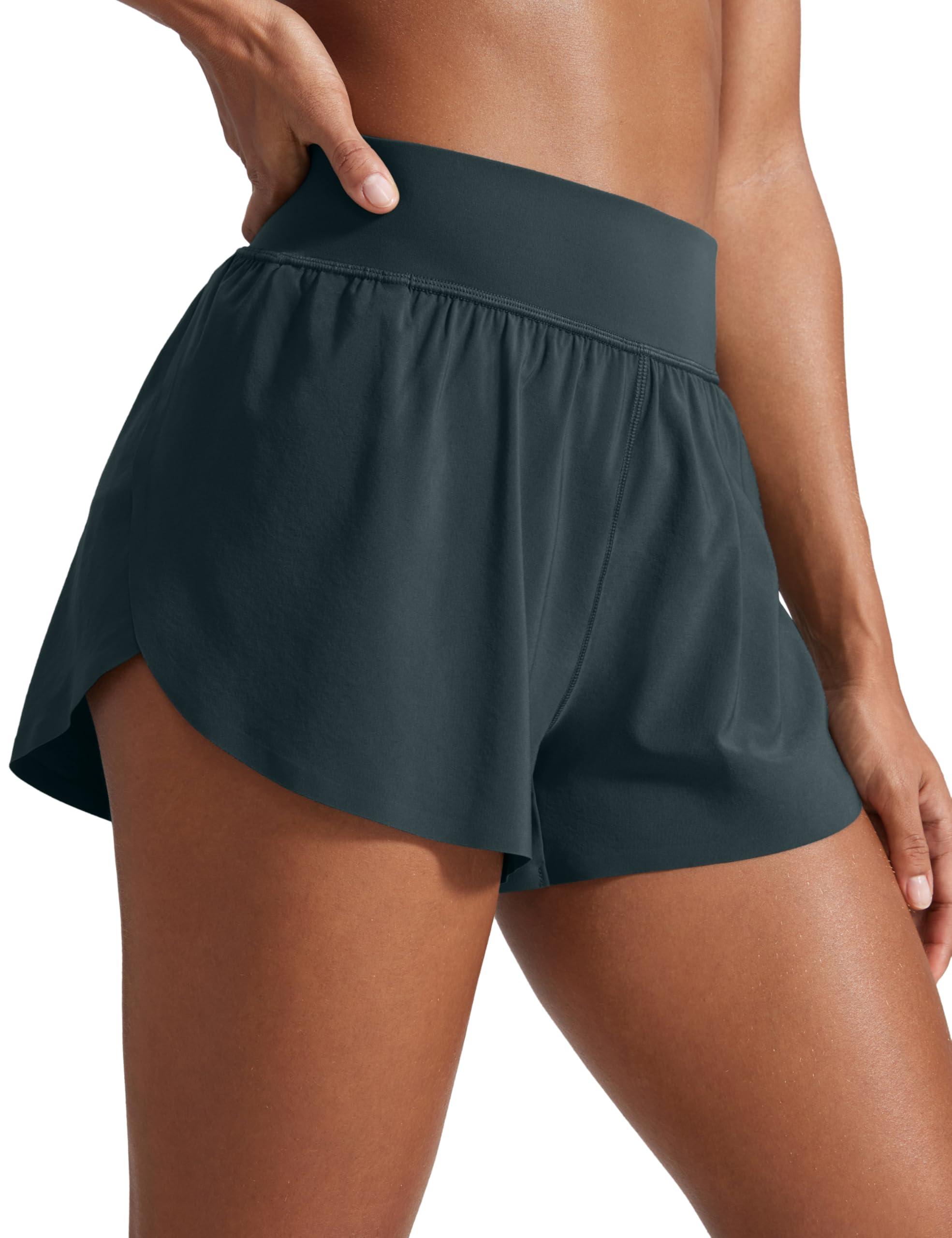 CRZ YOGA High Waisted Dolphin Athletic Running Shorts for Women 3" High Split Comfy Mesh Liner for Gym Workout Track