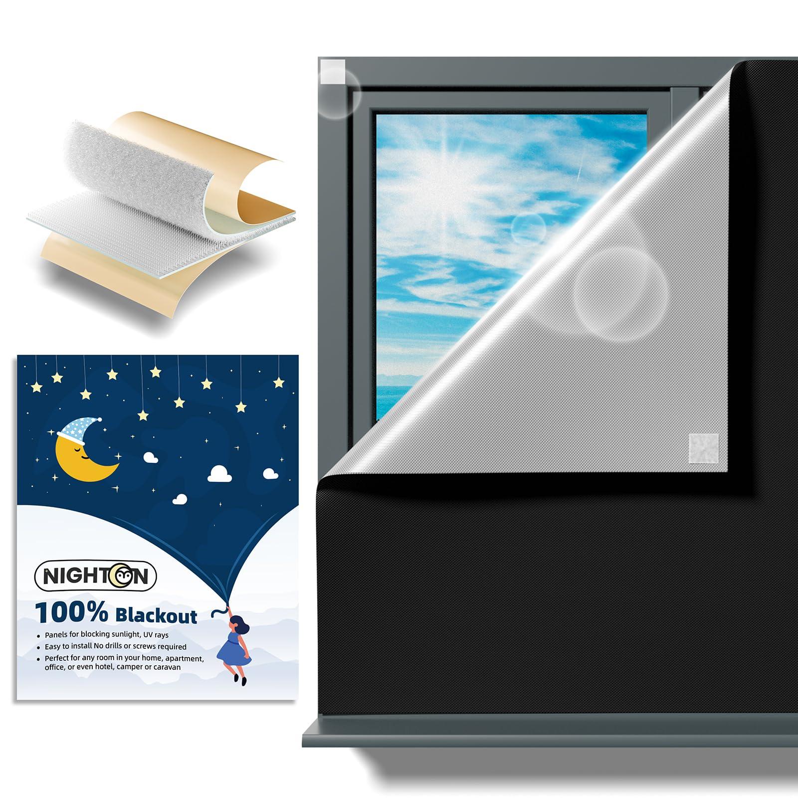 NIGHTON Portable Blackout Curtains 71"×57" Strong Hook and Loop Tape Strips with Adhesive,Black Out Shades That can be Cut,100% Blackout Material Window Blinds for Baby Nursery or Travel Use-Black