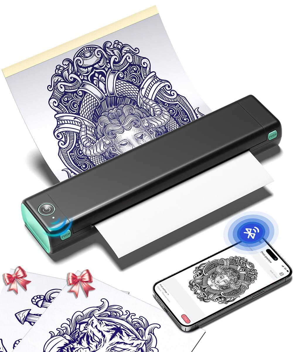 Phomemo Tattoo Stencil Printer, M08F Wireless Thermal Tattoo Printer with 10pcs Transfer Paper, Compatible with Phone/Tablet/PC, Tattoo Supplies for Tattoo Artists & Beginners, Black & Green
