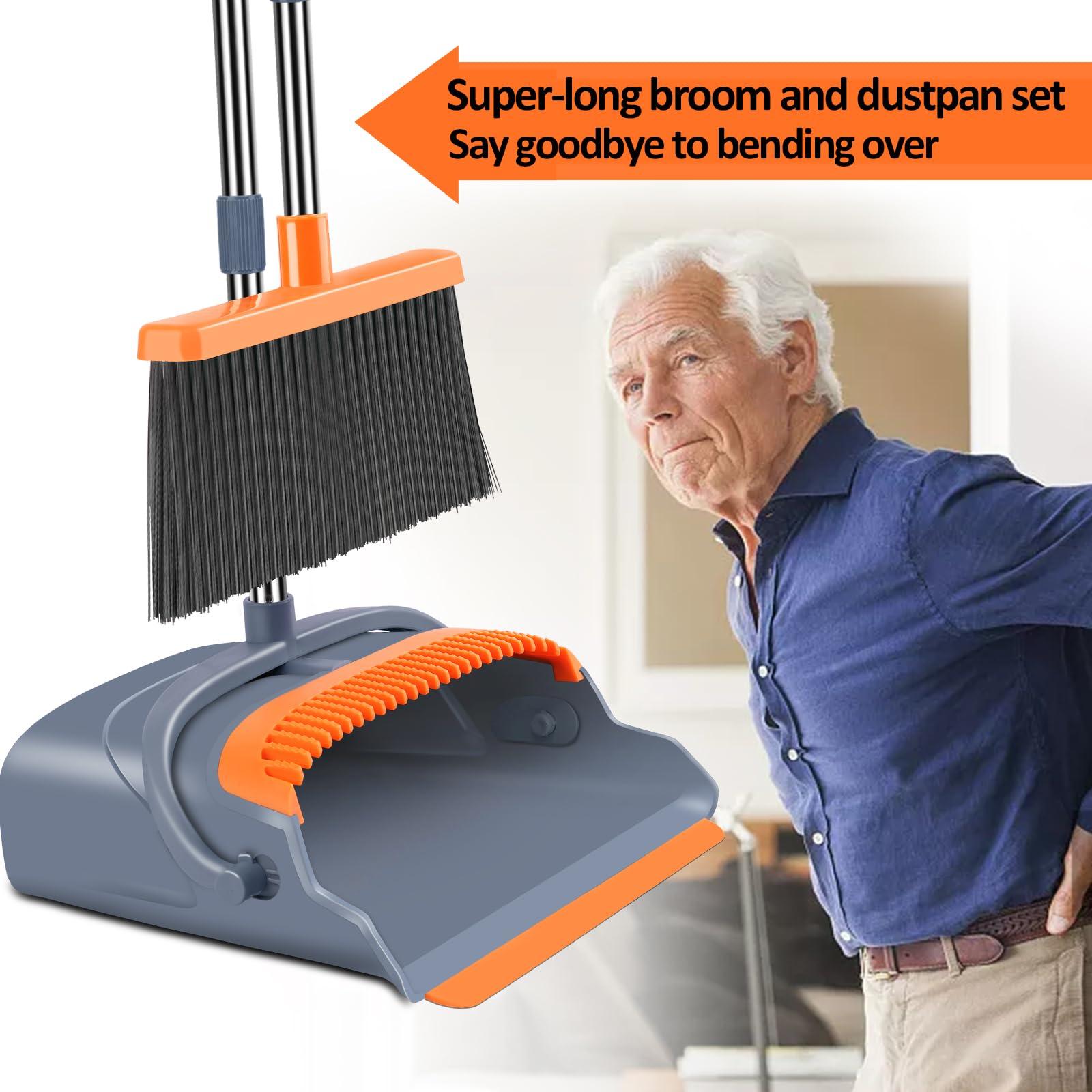 kelamayi Upgrade Broom and Dustpan Set, Self-Cleaning with Dustpan Teeth, Indoor&Outdoor Sweeping, Ideal for Dog Cat Pets Home Use, Stand Up Broom and Dustpan (Gray&Orange) - Image 5
