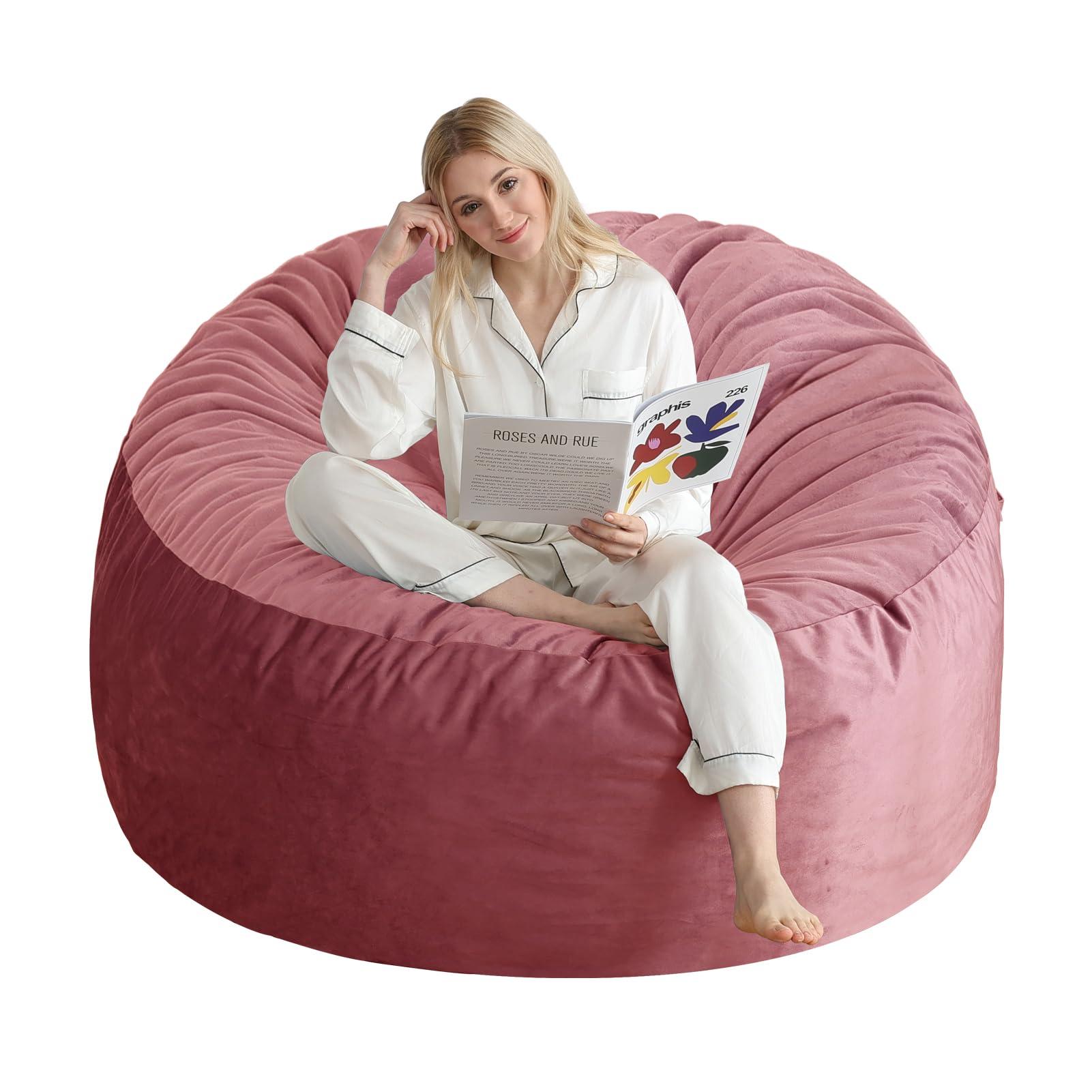 3 Ft Bean Bag Chair, Memory Foam Bean Bag Chairs for Adults with Filling, Round Bean Bag Sofa with Filler Included, Beanbags with Soft Dutch Velvet Fabric,3 Foot,Pink