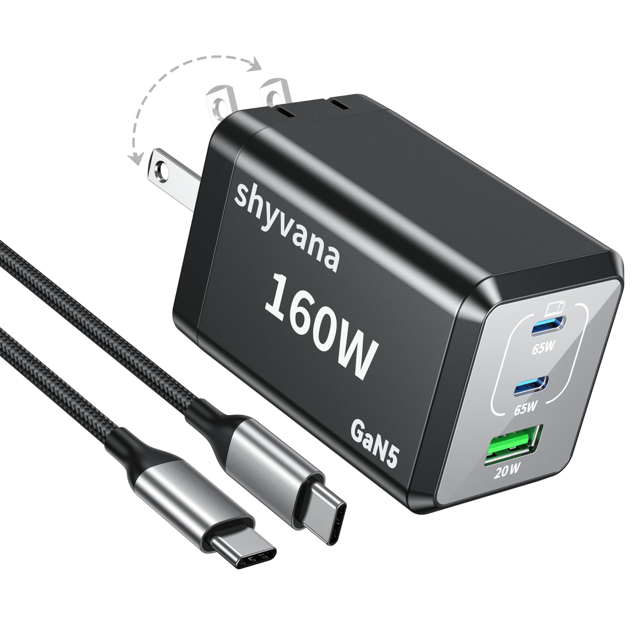 160W USB C Fast Charger Compact Foldable 3 Port Charging Station Hub Brick Block PD PPS 65W Laptop Charger for iPhone 16 16Pro Max MacBook Pro/Air/iPad Pro/Galaxy S24/Note 22/Dell XPS
