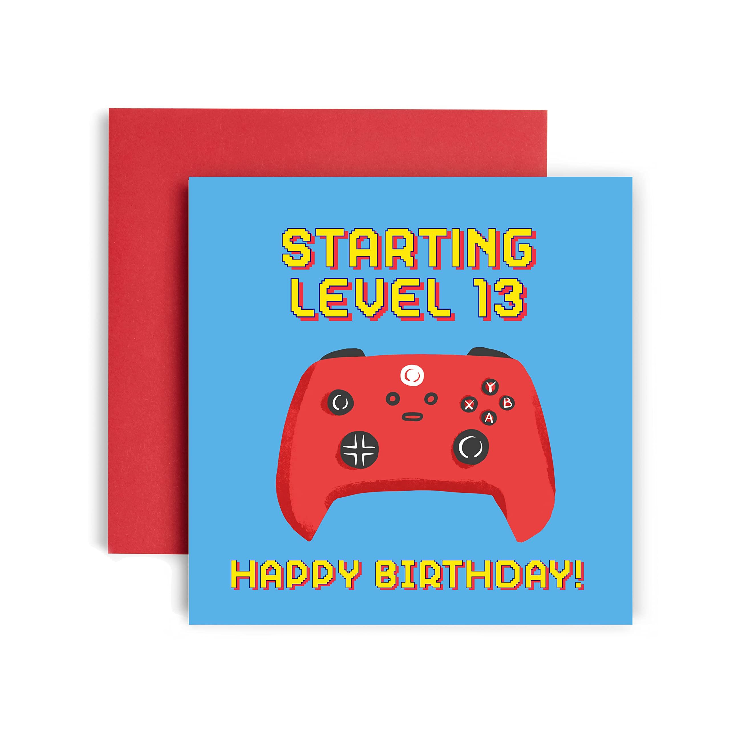 Huxters Happy Birthday Card for Teens – Gaming Birthday Card for Boys and Girls, Grandson birthday Ages 10-18 – Computer Funny Card– Unique Video Game Design – 14.8cm square (Age 13)