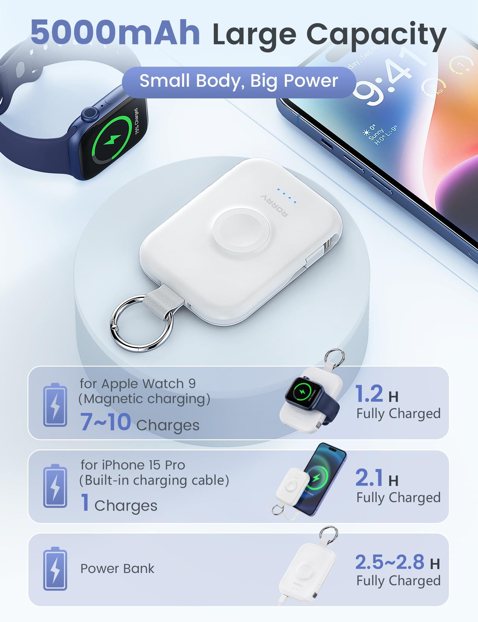 RORRY Portable Charger, 5000mAh Portable Charger Power Bank with Built-in Cables, Travel Keychain Battery Pack for Apple Watch Ultra 2/9/8/Ultra/7/6/SE/5, iPhone 16/15/14/13/12, White - Image 3