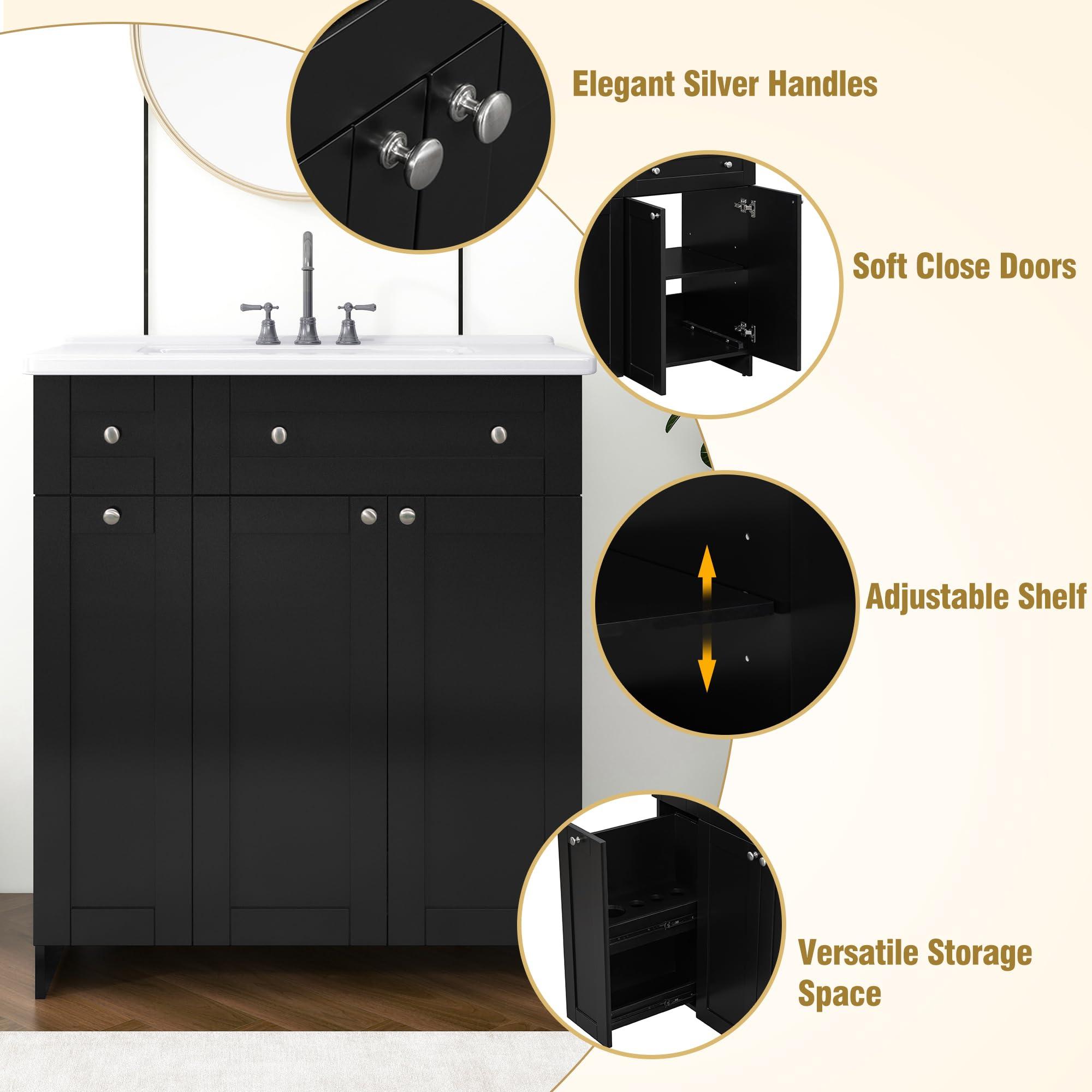 30" Bathroom Vanity with Sink, Modern 30 Inch Vanity with Top for Bathroom, Bathroom Vanity and Sink Combo with Storage Cabinet and Double-Tier Deep Drawer, No Mirro (Black) - Image 7