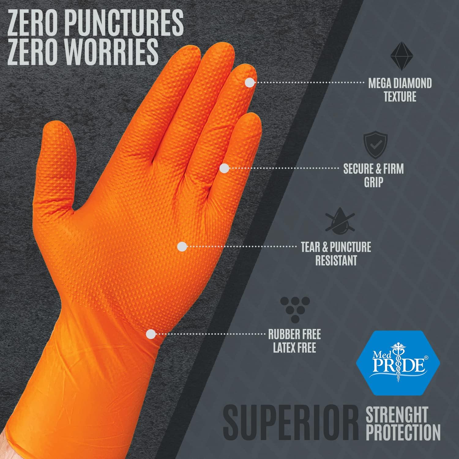 MED PRIDE Maxx Strength Nitrile Industrial Orange Gloves, 8 Mil Thick - Diamond Texture Disposable Heavy-Duty, Tear-Resistant - Image 4
