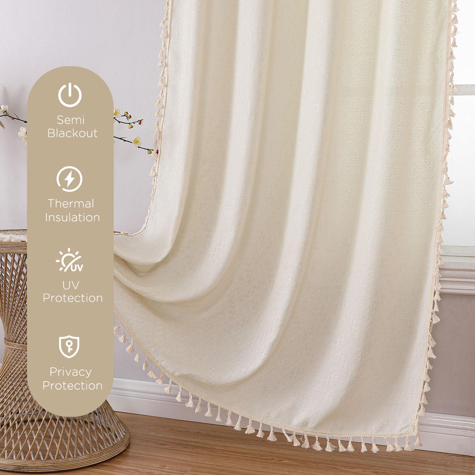 Joydeco Beige Boho Curtains 84 Inch Length 2 Panels, Super Soft Bohemian Farmhouse Curtains with Tassels, Semi Sheer Light Filtering Drapes for Bedroom Living Room (Rod Pocket, 52Wx84L) - Image 7