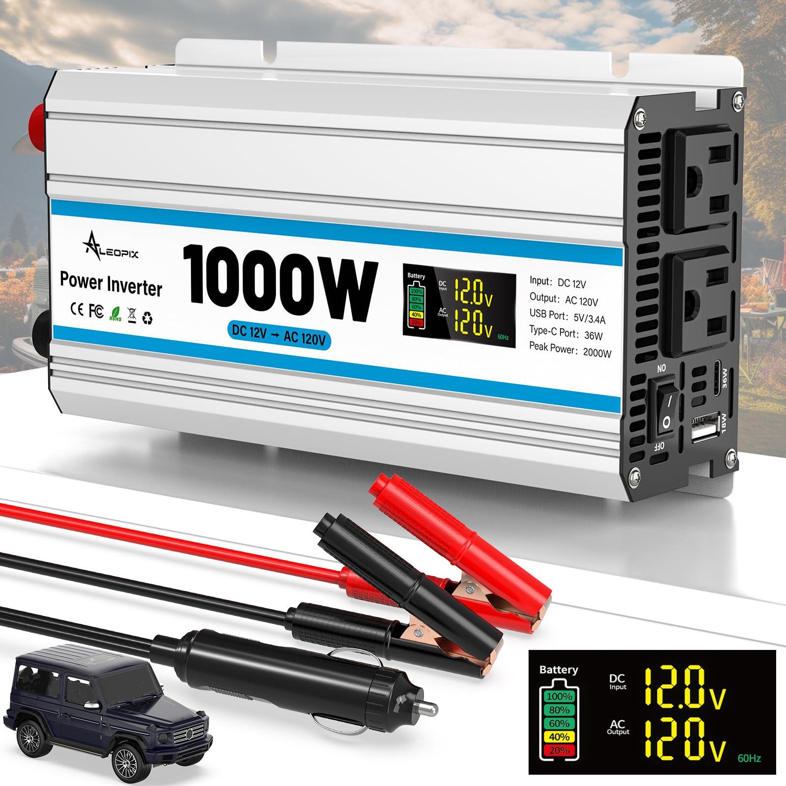 1000W Car Inverter 12V to 110V DC to AC Power Inverters for Vehicles with 2 AC Outlets/36W PD USB-C/18W QC USB-A Fast Charging/Cigarette Lighter/LED Display/100A Cables 1000 Watt Inverter