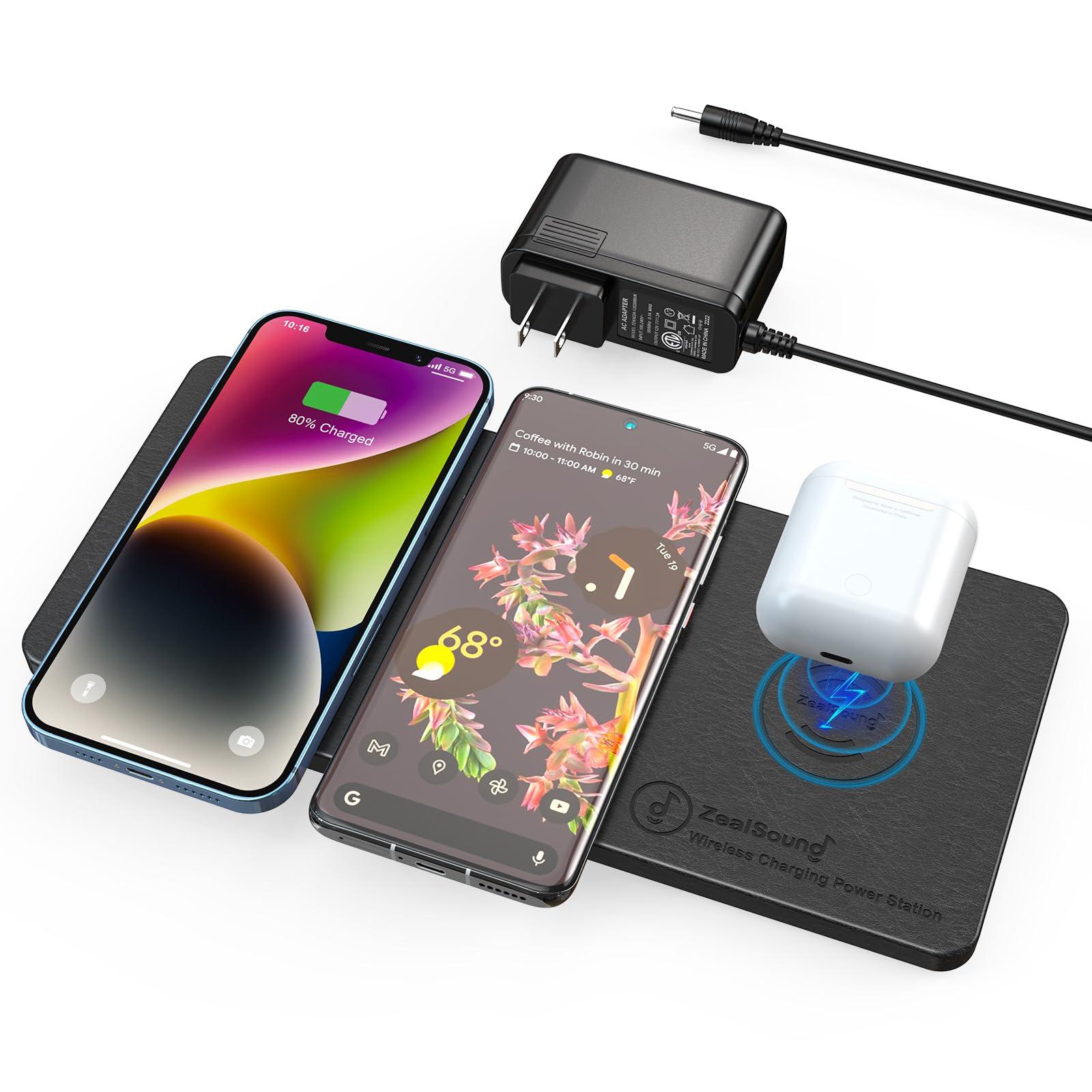 Wireless Charging Pad, ZealSound Ultra-Slim Triple Charger Station for Multiple 3 Devices & New Airpods Ultra Slim PU Leather Wireless Charging Mat W/AC Adapter for Smartphone Phone (Black) - Image 1
