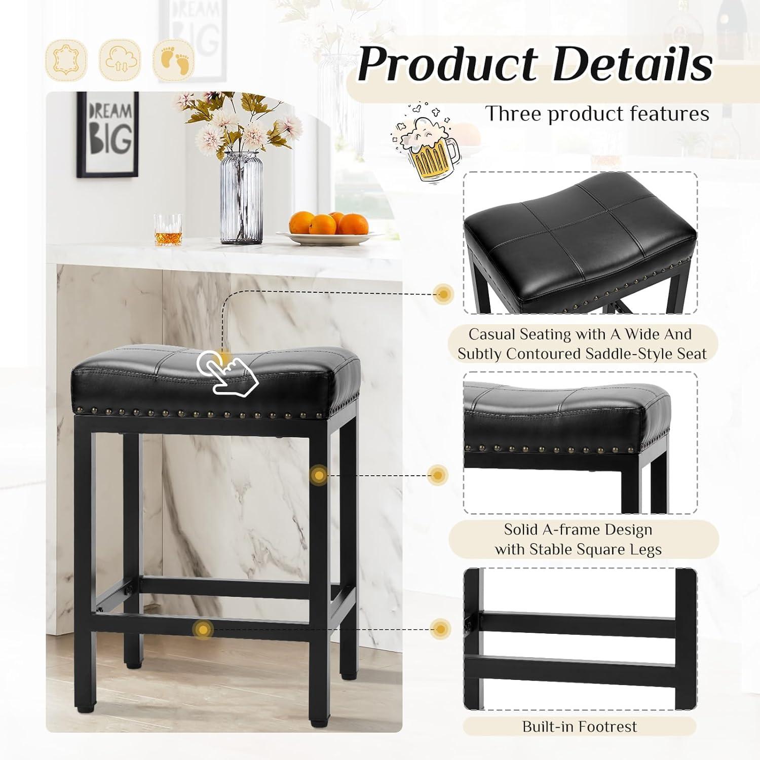 Sweetcrispy Counter Bar Stools Set of 4, 24 Inch Barstools for Kitchen Island, Upholated PU Leather Kitchen Chairs with Thick Saddle Seat & Metal Base and Footrest, Black - Image 4