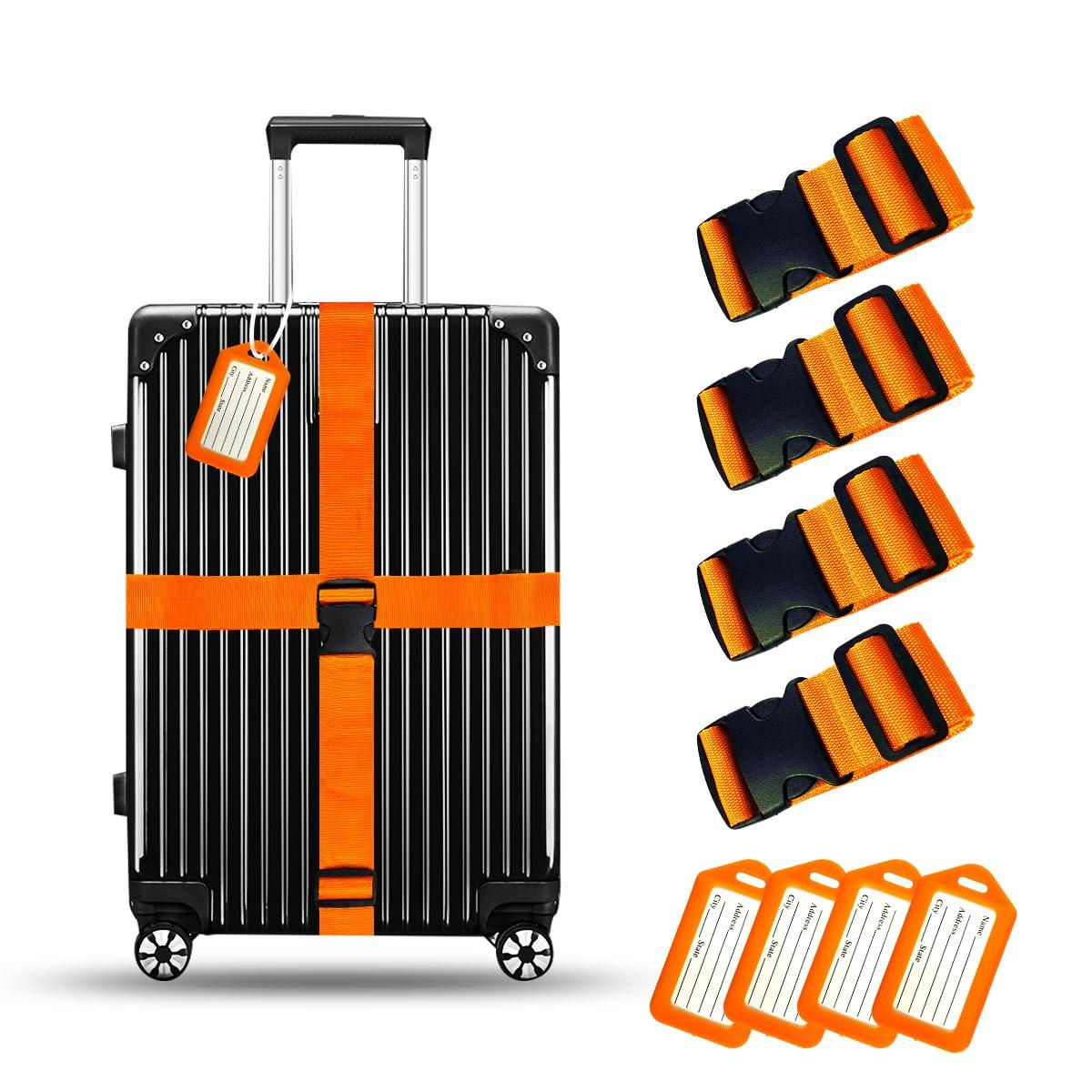 8 Pack Luggage Straps and Tags Set, Luggage Straps for Suitcases TSA Approved, Premium Nylon Belts for Luggage Security, Bright Colour Adjustable Luggage Belts- 4 Straps- 4 Tags(Orange)