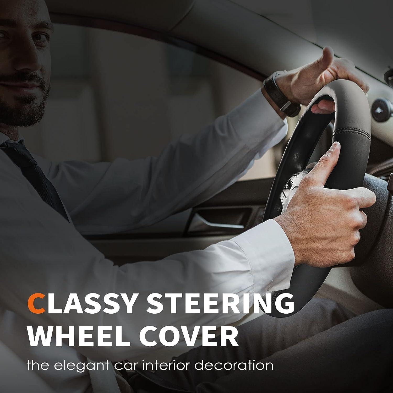 HOTOR Car Steering Wheel Cover - Universal Car Accessory for Diverse Cars, Durable Leather Cover with Anti-Slip Lining, for Steering Wheel with a Diameter of 14.5"-15",Black - Image 7