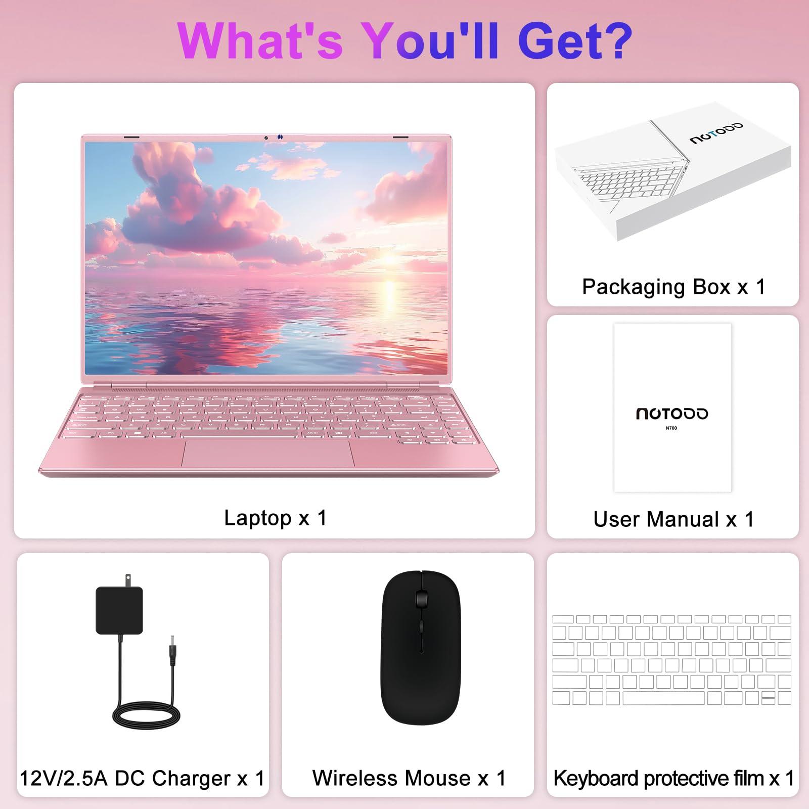 NOTODD Laptop 14" 8GB+256GB SSD Celeron N5095 Up to 2.9 GHz Win 11 Laptop Support 512GB TF 1TB SSD Expand Notebook Support 5G WiFi丨BT 4.2丨Cooling Fan丨1920*1200丨Mouse and Keyboard Protector-Pink - Image 7