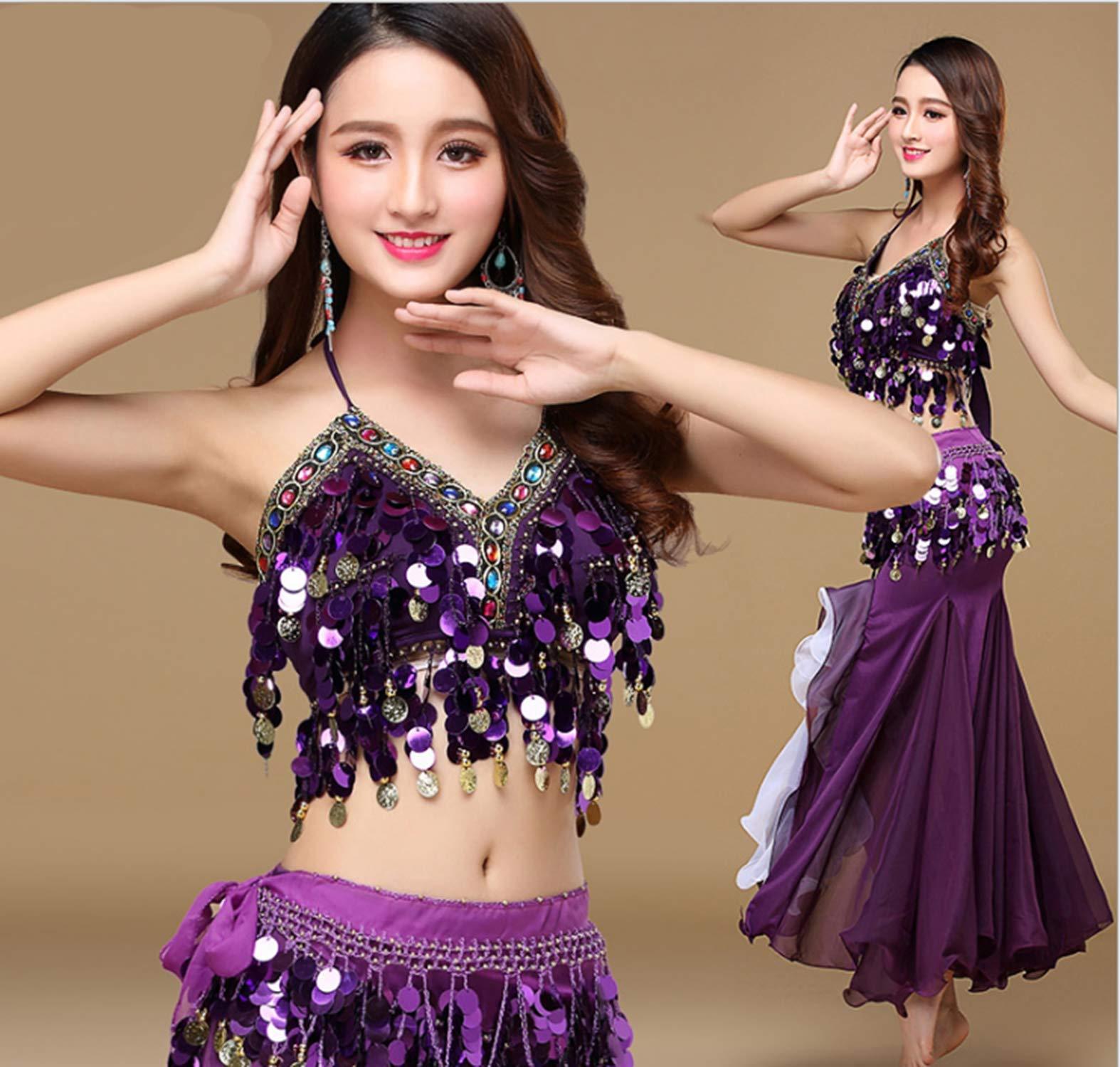 ORIDOOR Women's Belly Dance Dress Belly Crop Top Bra Top and Belt Chiffon Dancing Split Skirt Costume 3-Piece Outfit - Image 3