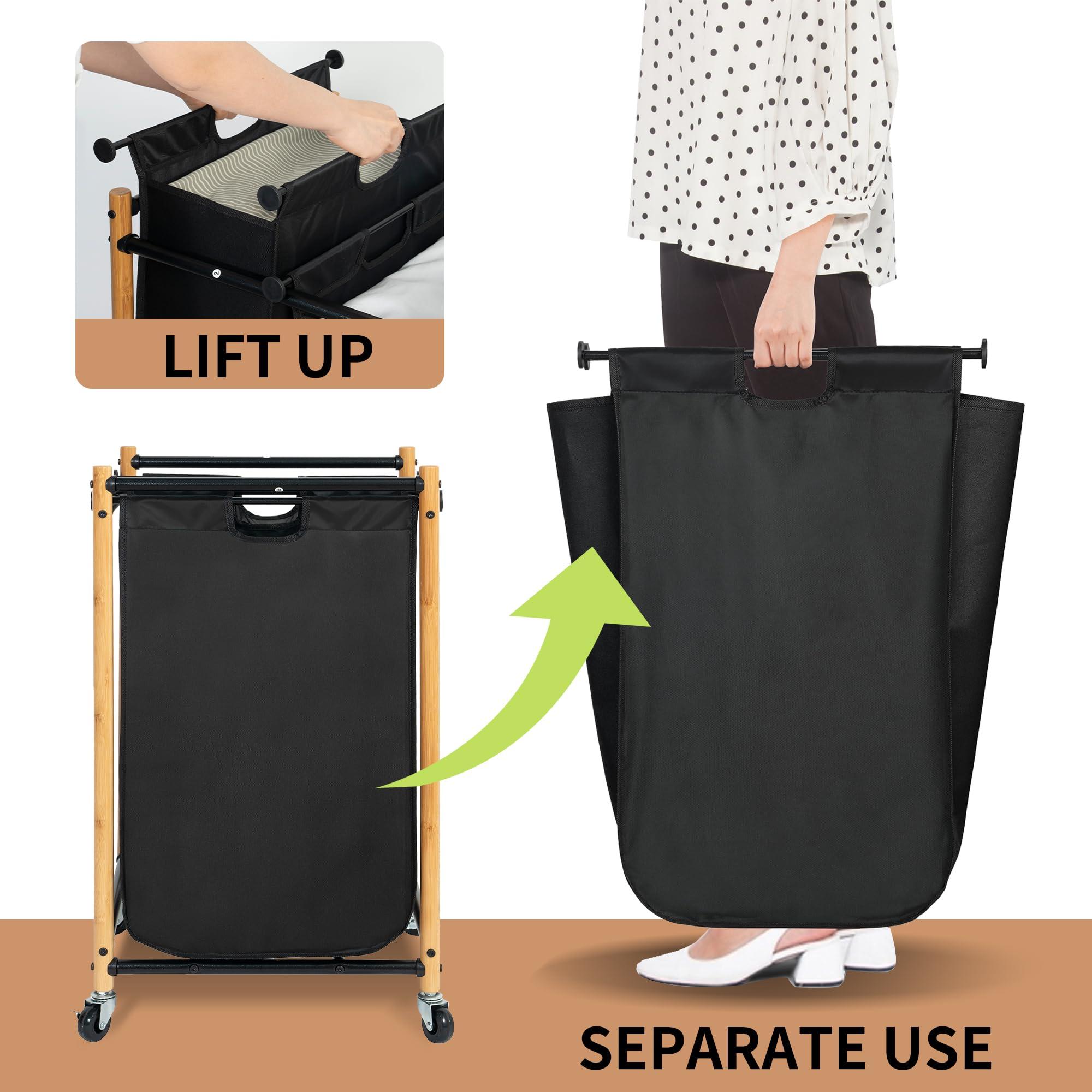 STORAGE MANIAC 3 Section Laundry Sorter, 35.9 Gal (136 L) Laundry Hamper Cart with Heavy Duty Rolling Lockable Wheels and Removable Bags, Clothes Organizer Basket Clothes Separator Hamper, Bamboo - Image 6