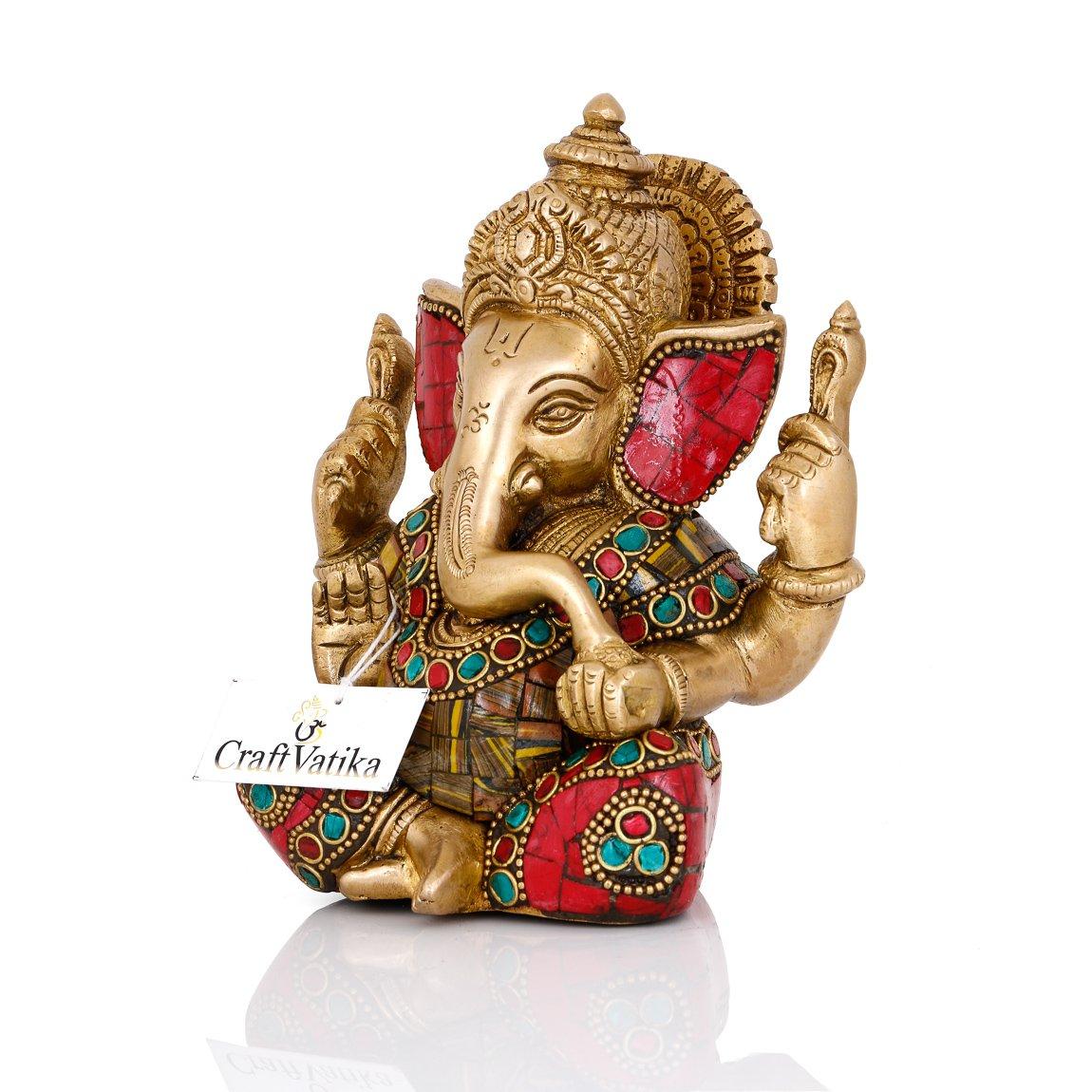CraftVatika Lord Ganesha Brass Statue | Hindu God Ganesh Blessing Ganpati Sitting Idol Sculpture | Christmas & New Year Gifts for Family Friends - Image 2