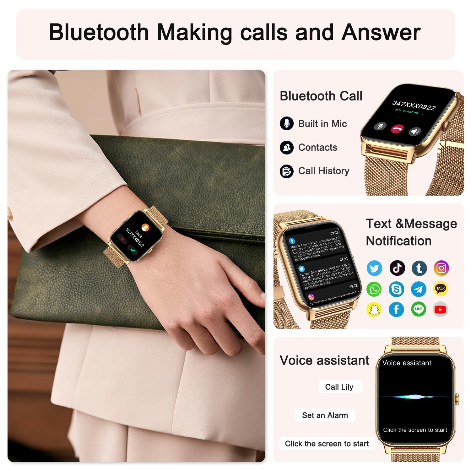 Smart Watch for Women Fitness Tracker: Gold Smart Watches for Women Digital Mens Watches Make/Answer Call Waterproof Running Smartwatch Android Phone iPhone Samsung Compatible Heart Rate Monitor - Image 2