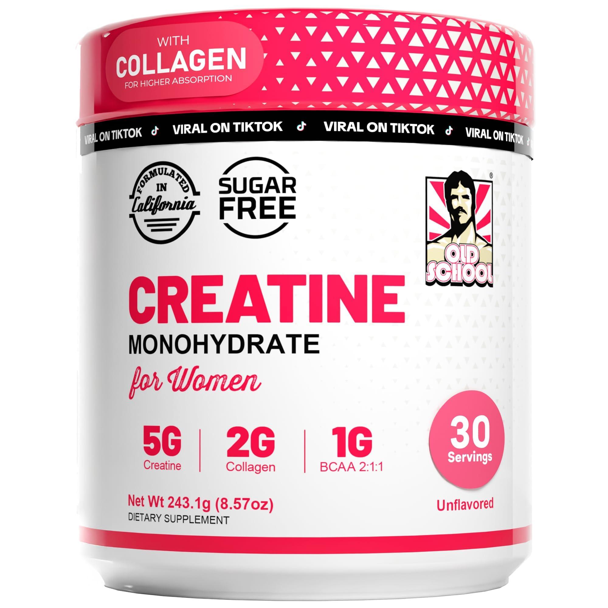 Old School Labs 5000mg Creatine Monohydrate Powder, Optimized Creatine for Women +2000mg Collagen +1g BCAA 2:1:1 Supports Lean Muscles & Recovery, Energy & Stamina - Micronized, Natural & Made in USA