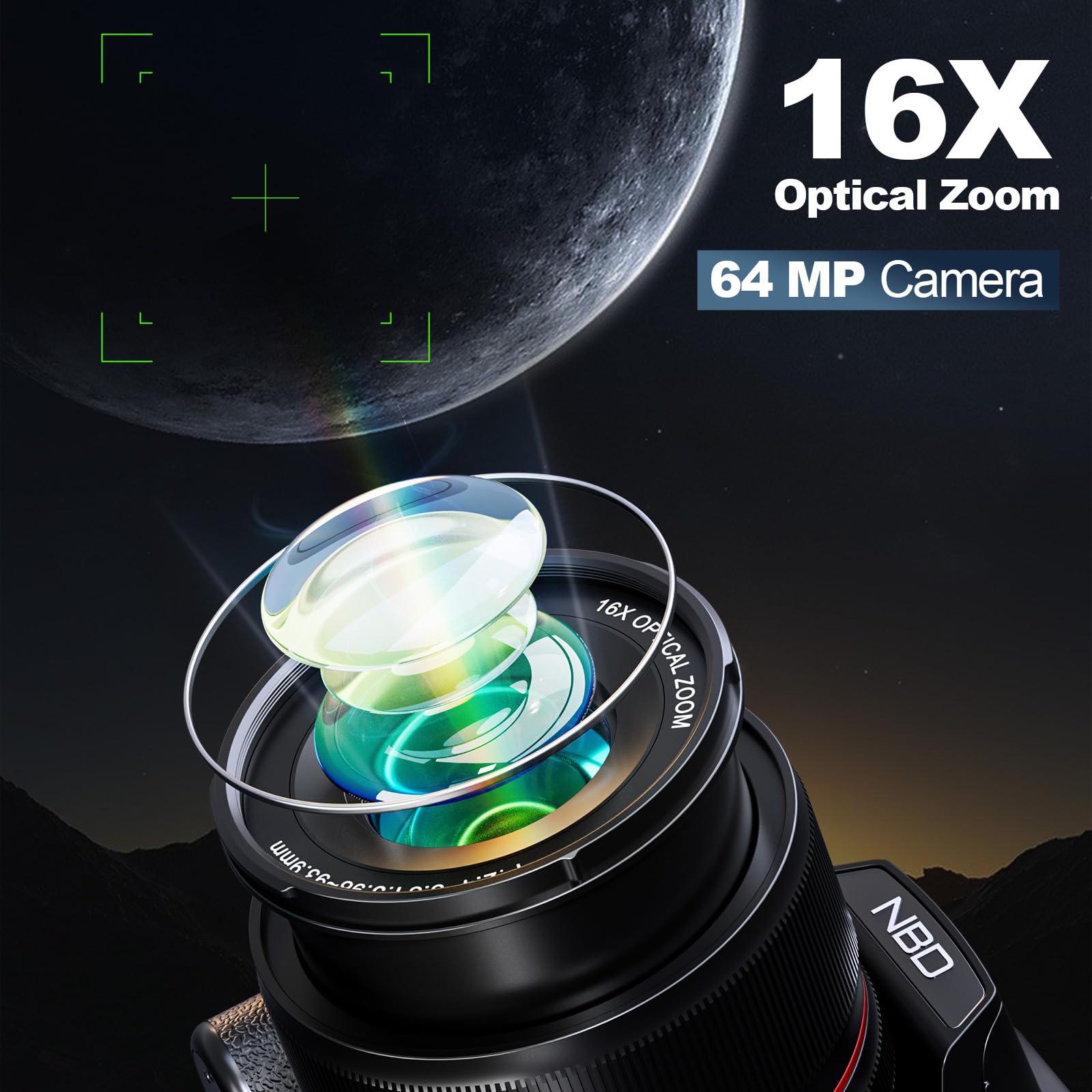64MP Digital Cameras for Photography, 16X Optical Zoom 5K Cameras with WiFi & App Control, Vlogging for YouTube with 180°Flipable Screen, Auto Focus,2 Batteries,58mm UV Lens and 32GB Card（Black） - Image 2