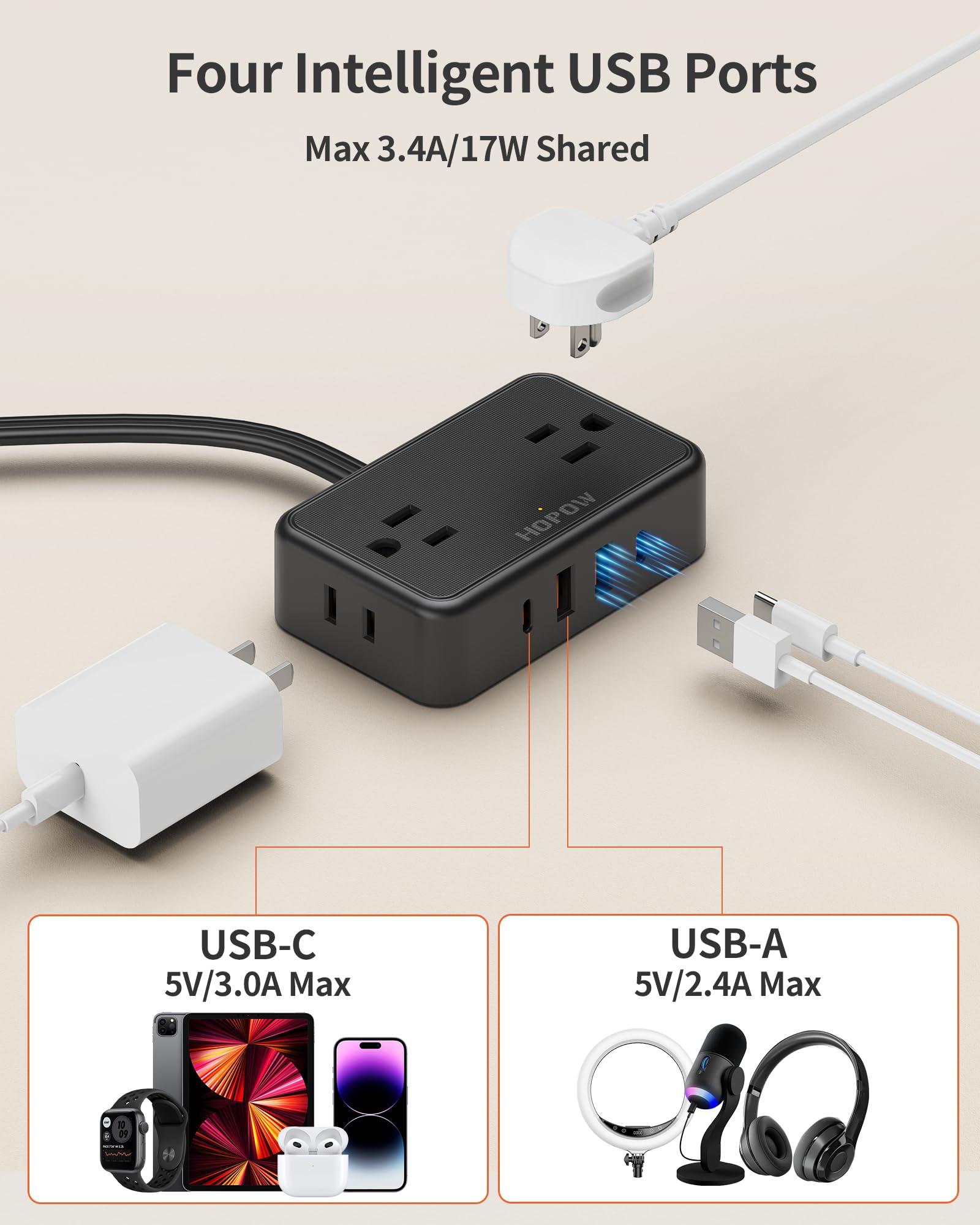 HOPOW Flat Plug Extension Cord, 6 Ft Ultra Thin Power Strip, 4 AC Wide Spaced outlets and 4 USB (2 USB-C) Ports, No Surge Protector for Cruise Ship, Travel, Dorm Room Essentials (Black) - Image 5