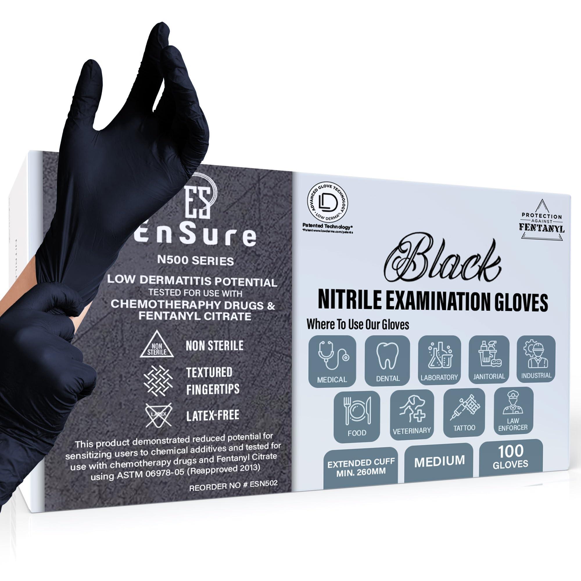 Saf-Care EnSure Nitrile Exam Gloves, Powder-Free, Latex-Free, Chemo Rated, Non-Sterile, Textured Fingertips, Heavy Duty, Medical, Surgical, Food Safe, Tattoo, Cleaning - Black, 5 Mil (100, Medium)