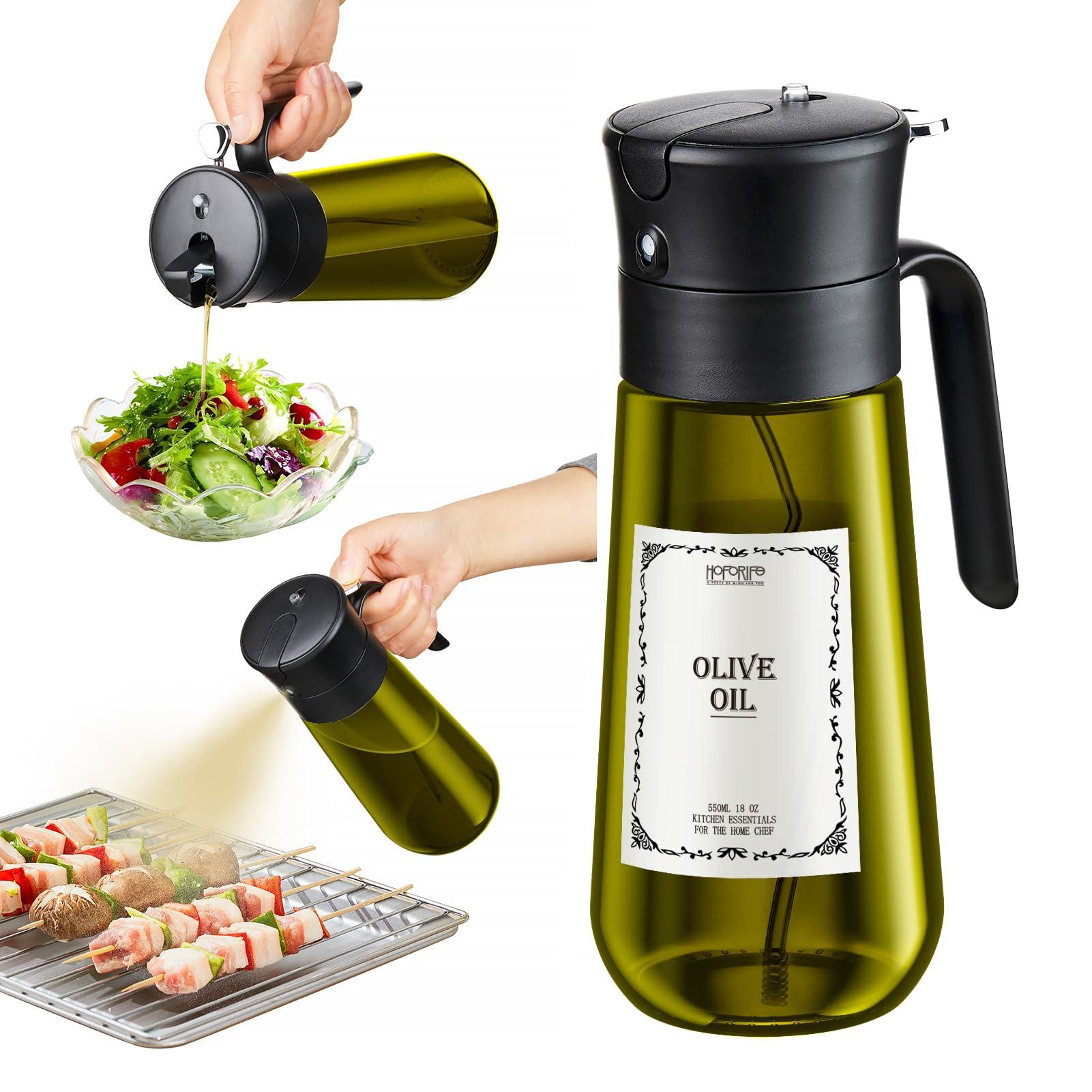 hoforife Glass Olive Oil Dispenser for Kitchen, 2 In 1 Oil Dispenser Bottle & Oil Sprayer for Cooking, Auto Flip Cap, 18oz Black (Light Blockage)