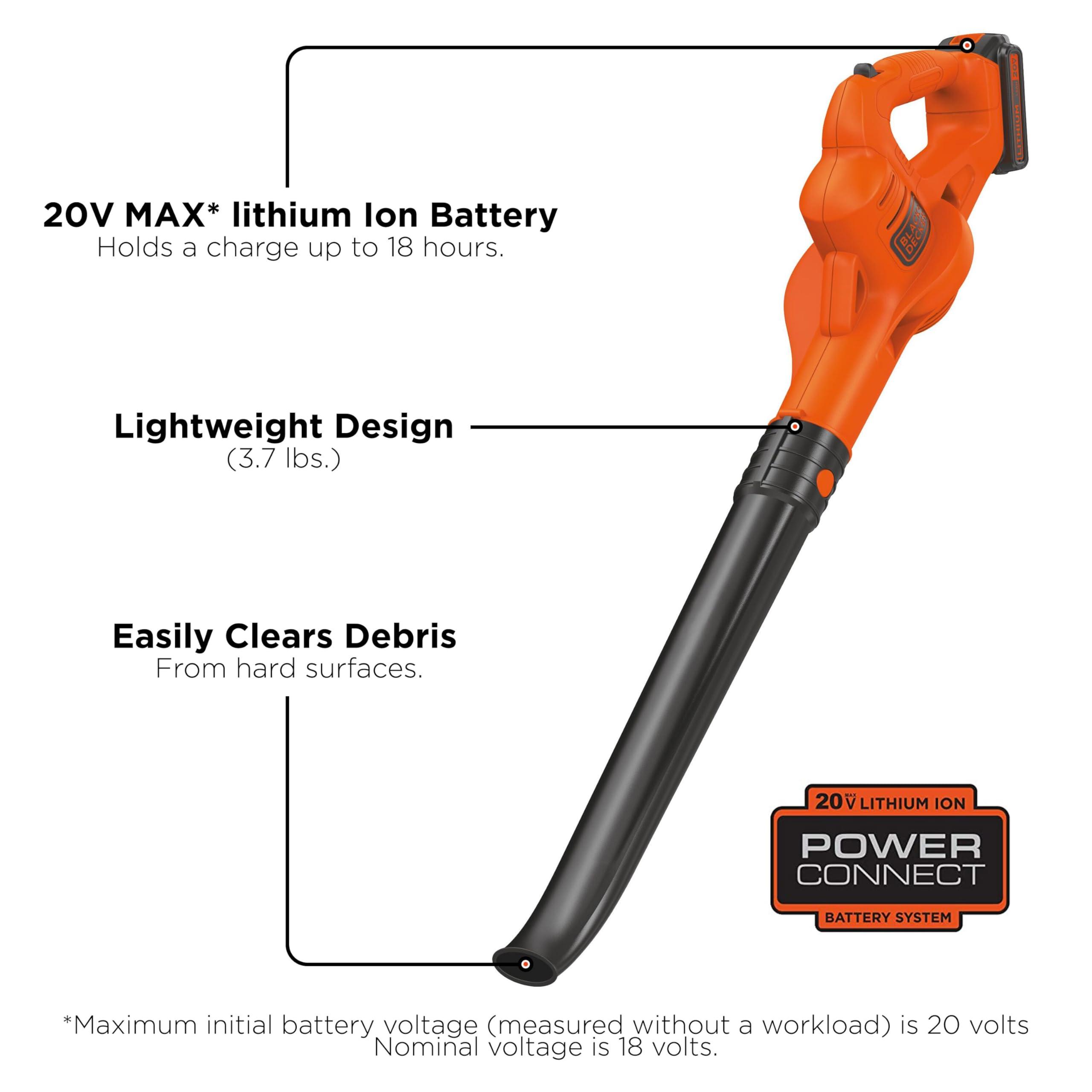 BLACK+DECKER Leaf Blower Cordless with Battery and Charger 20V MAX, Electric Blower Lawn Sweeper, 130 mph Air Speed, Lightweight Design (LSW221) - Image 4