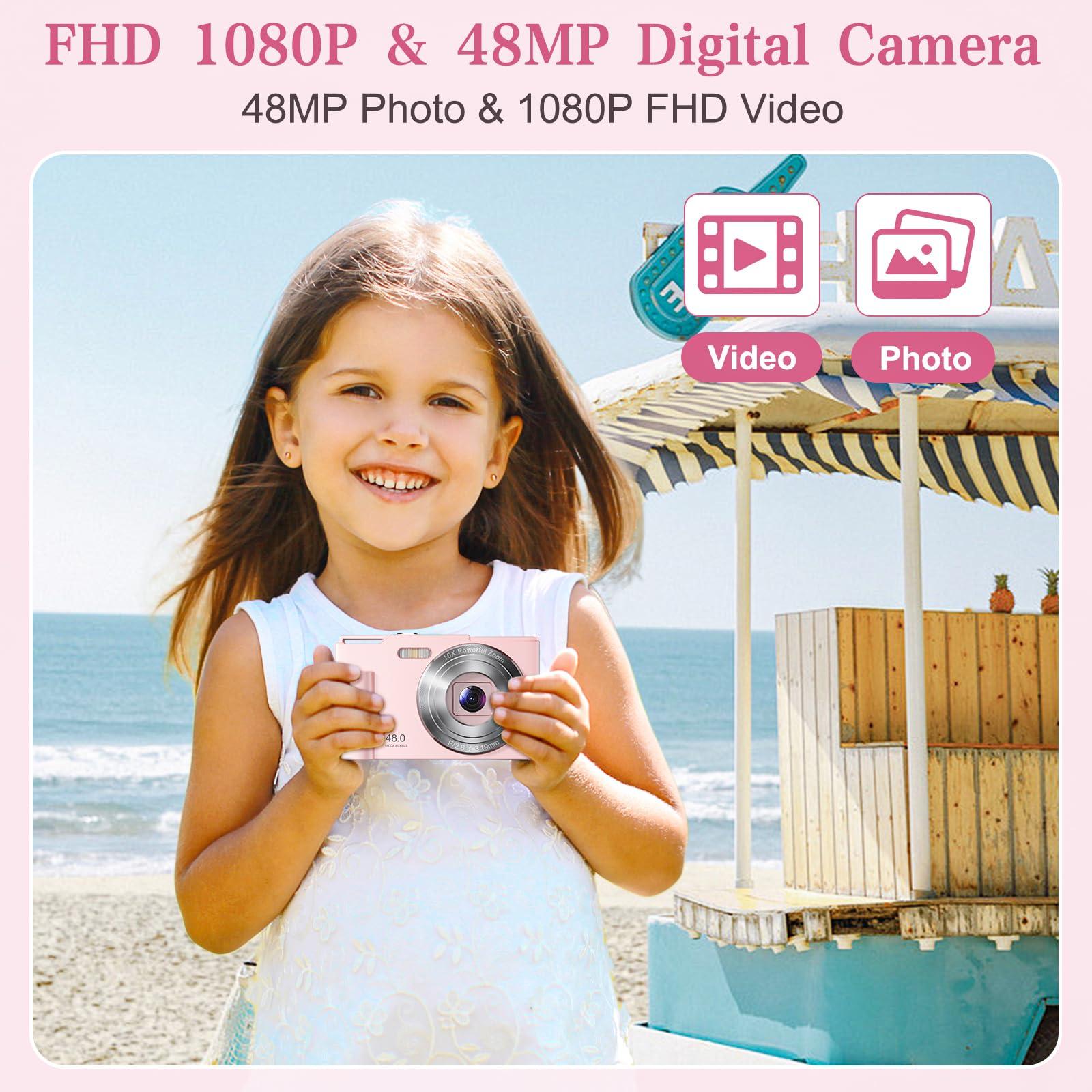 Digital Camera, FHD 1080P Kids Point and Shoot Camera with 16X Digital Zoom, Anti-Shake, Flash, 32GB Card, Portable Compact Travel Camera for Boys, Girls (Pink) - Image 2