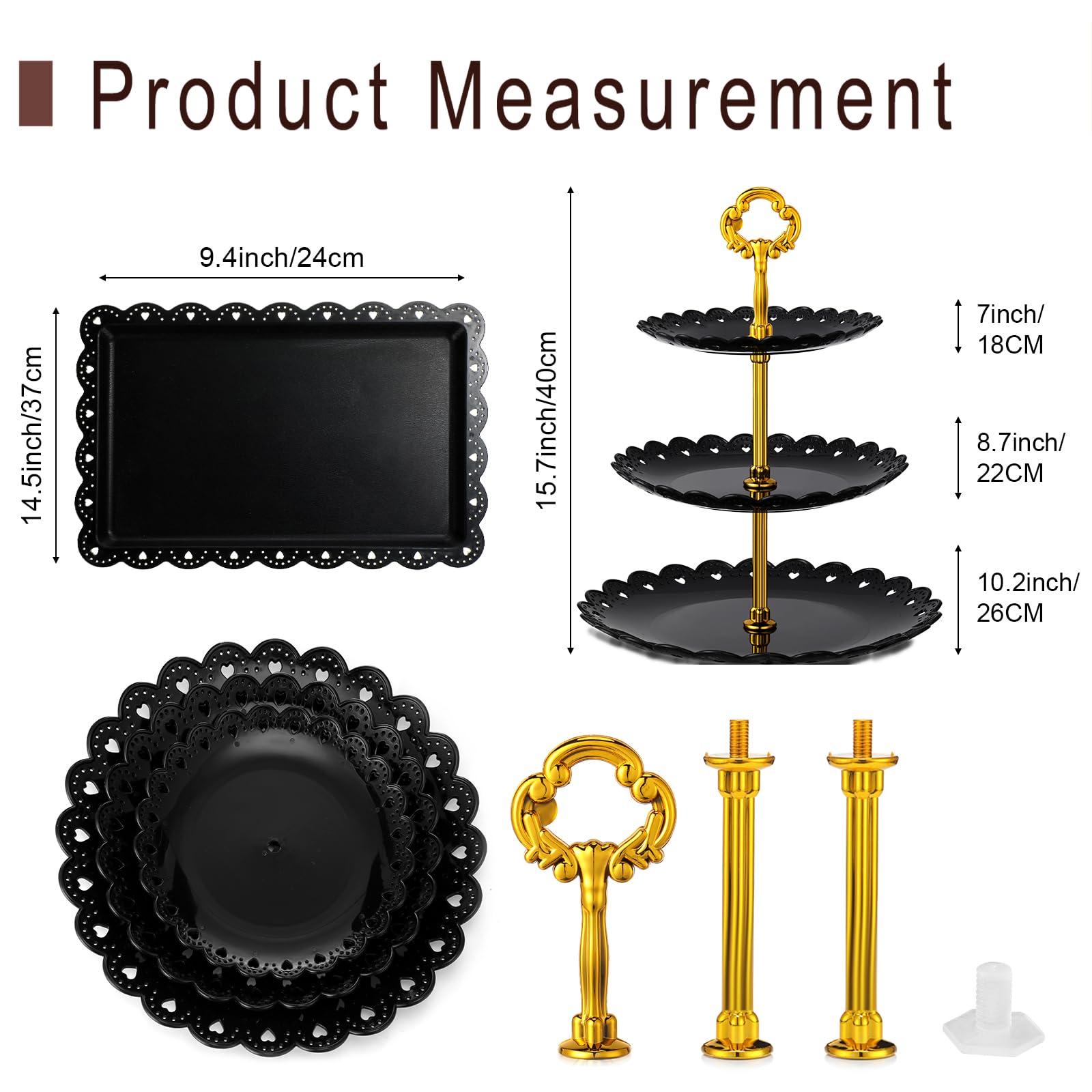 9 Pcs Black Cupcake Display Set Includes 6 Rectangle Cupcake Stand and 3 Pcs Round 3-Tier Serving Tray Dessert Stand for Wedding Birthday Party Baby Shower(Flower Style) - Image 3