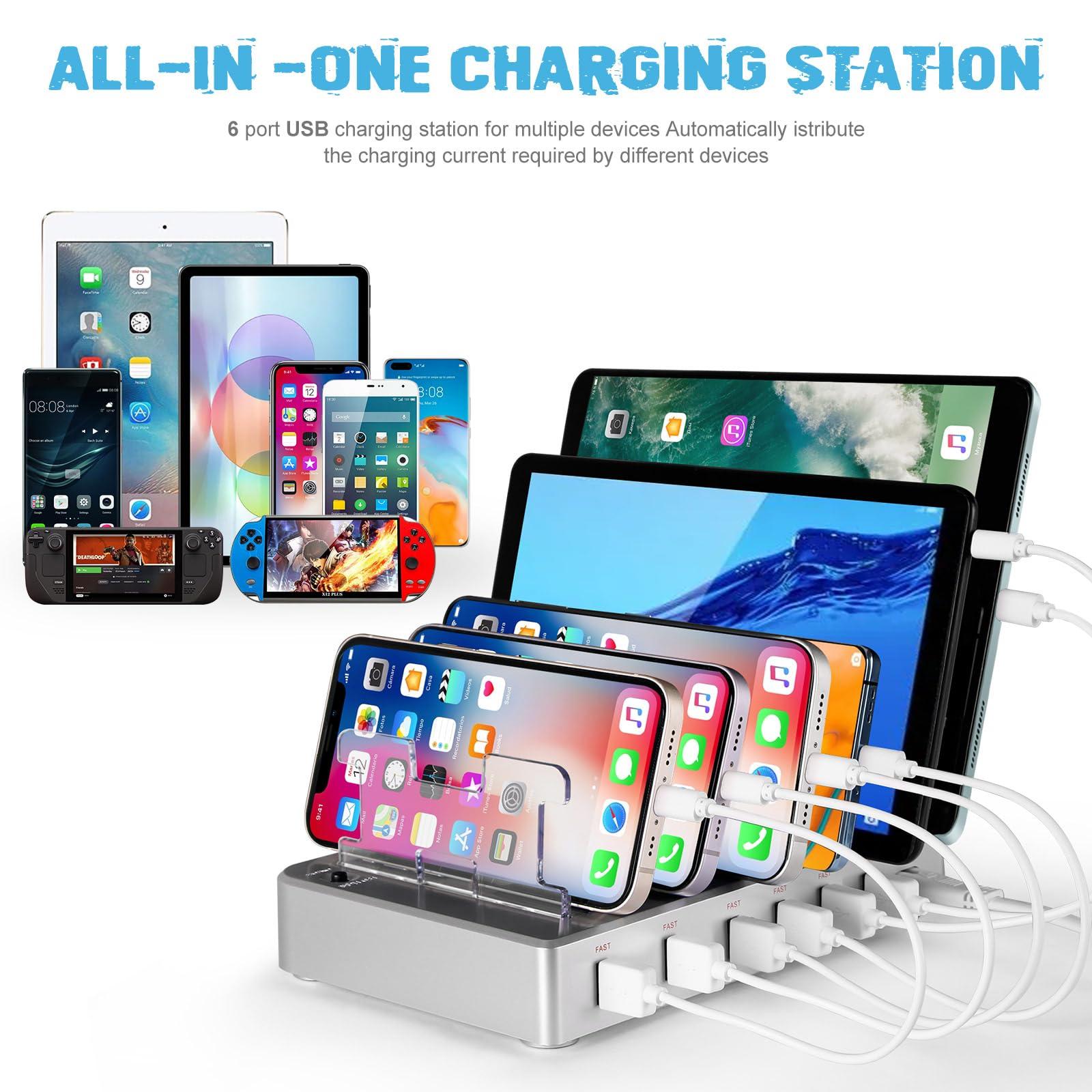 Charging Station for Multiple Devices, 6 Ports USB Multi Devices Charger Fast Cell Phone Charging Station for iPhone iPad Tablets (Silver, 6 Mixed Cables Included) - Image 4