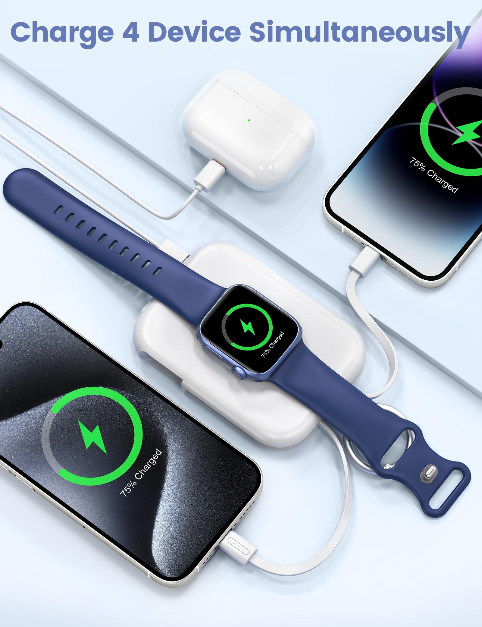RORRY Portable Charger, 5000mAh Portable Charger Power Bank with Built-in Cables, Travel Keychain Battery Pack for Apple Watch Ultra 2/9/8/Ultra/7/6/SE/5, iPhone 16/15/14/13/12, White - Image 4
