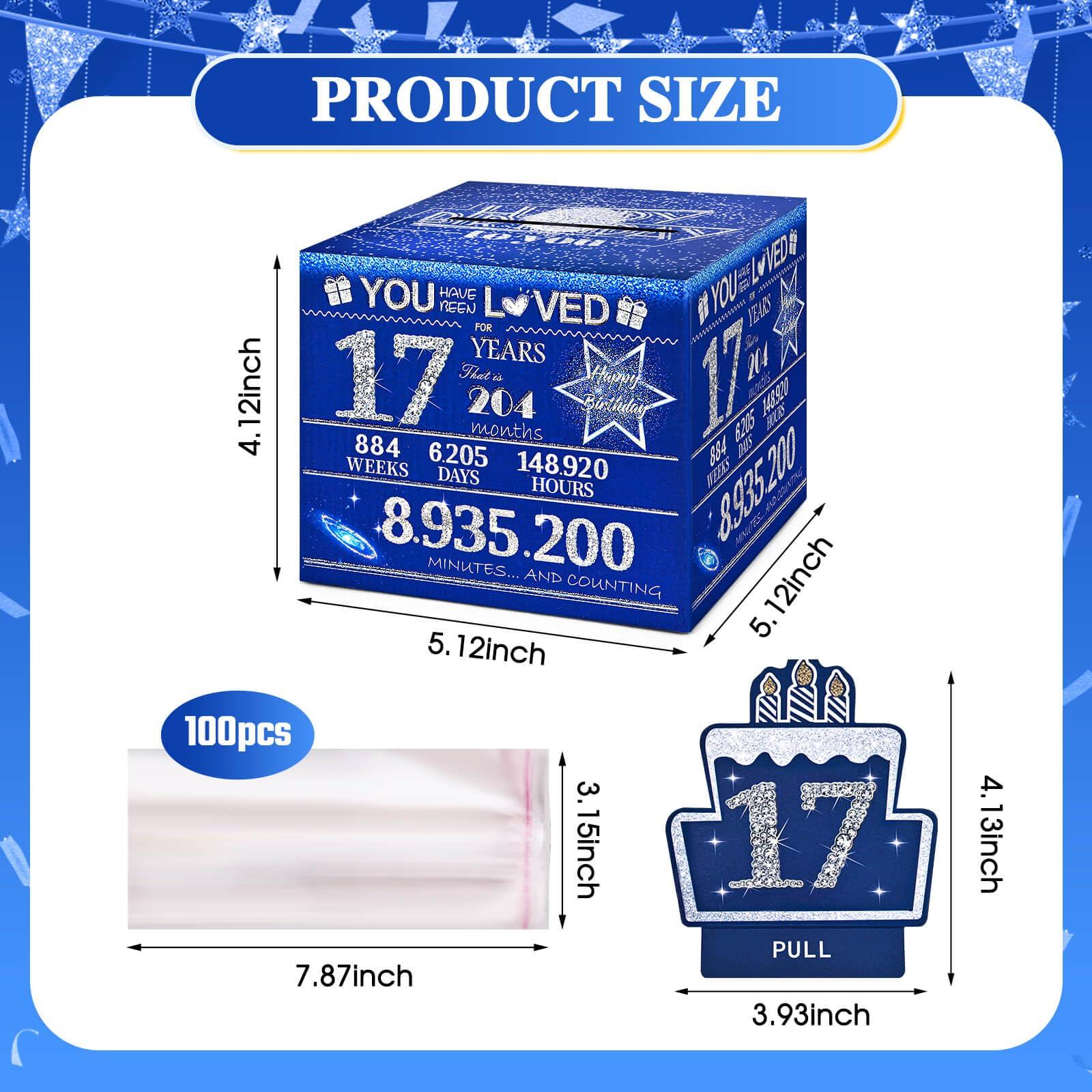 TOYEISHI 17 Happy Birthday Money Box for Cash Gift, 17th Birthday Decorations for Boys and Girls, Gifts for 17 Year Old Boy, Boy Gift Ideas, Cool Things for Teen -Blue with 100PCS Bags - Image 3