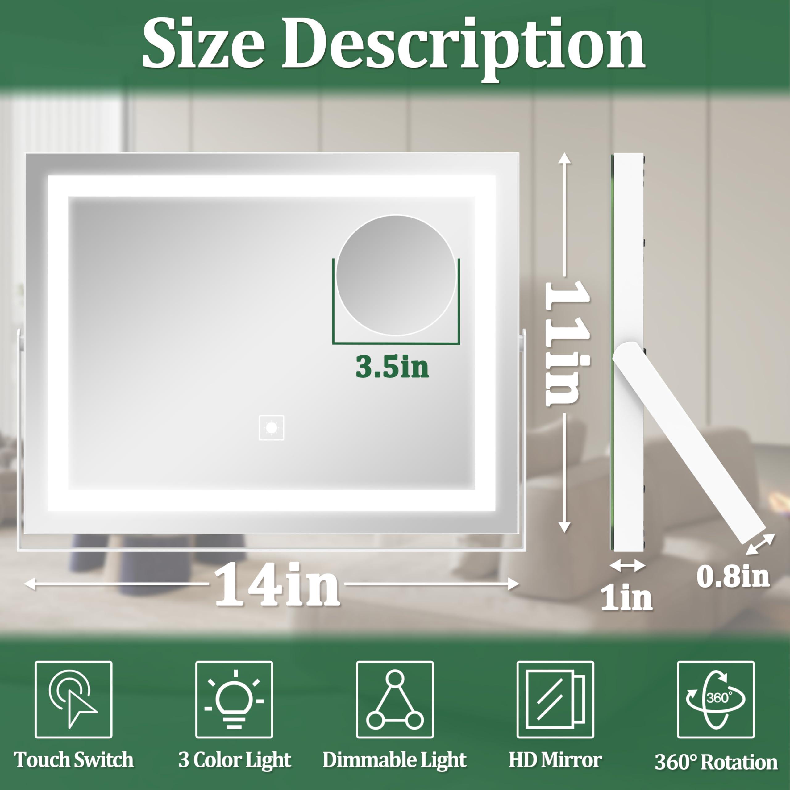 ROLOVE Vanity Mirror with Lights, 14" x 11" LED Makeup Mirror, 3 Modes Light, Smart Touch Control Dimmable, 10X Magnification, 360°Rotation, Square Corner Rectangle, White - Image 2