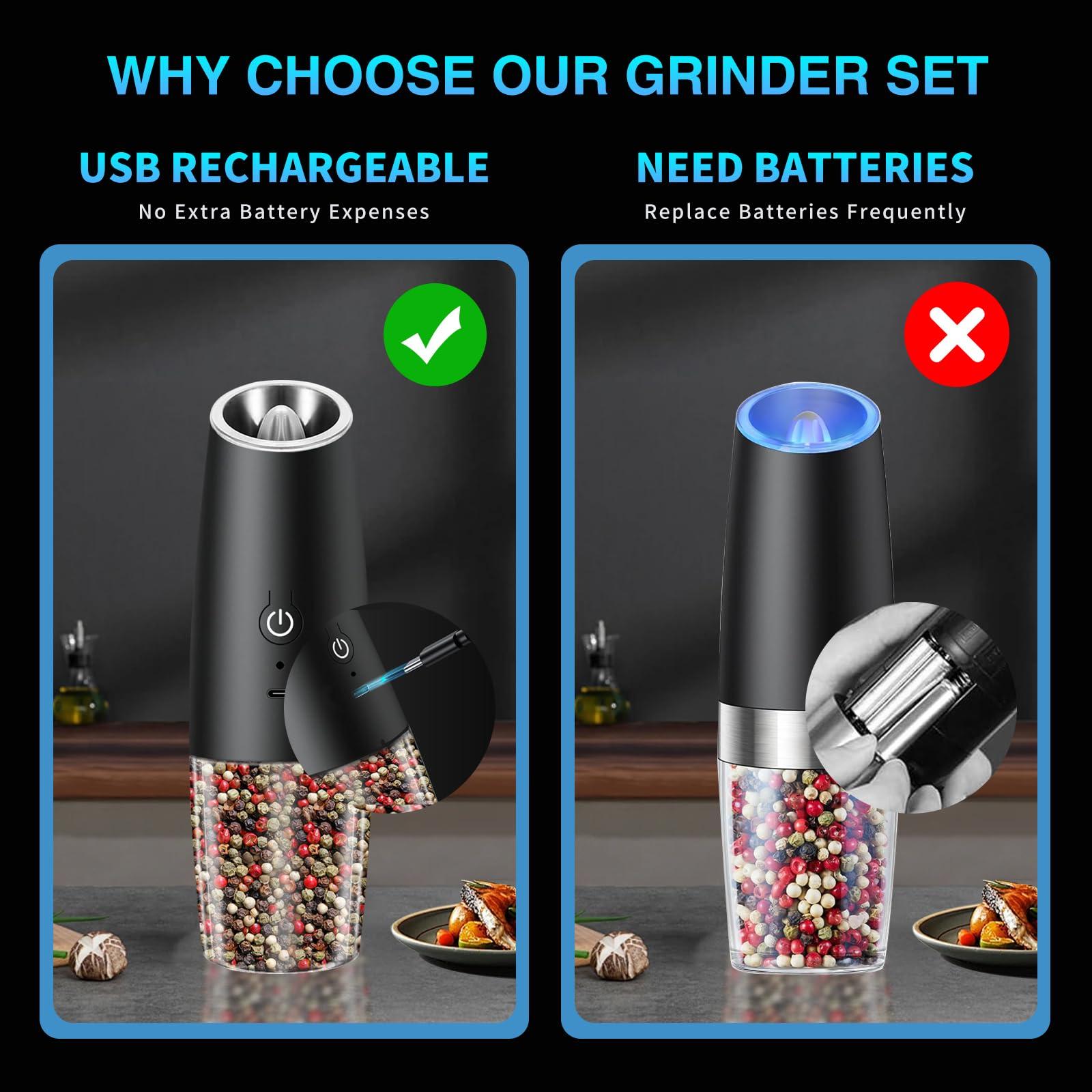 Haomacro Electric Salt and Pepper Grinder Set, Rechargeable Salt and Pepper Shaker with Adjustable Coarseness And LED Light, Automatic Pepper Mills for Kitchen (Black - 2 PCS) - Image 4