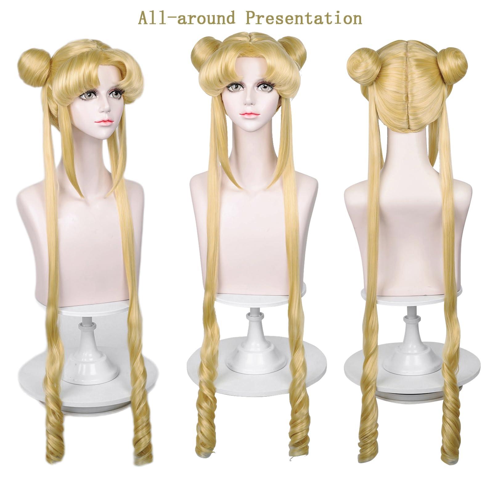 LABEAUTÉ Long Curly Blonde Ponytails Wig with Buns for Women Girls Cosplay Costume Anime Blonde Pigtails Wig with Bangs + Cap - Image 7