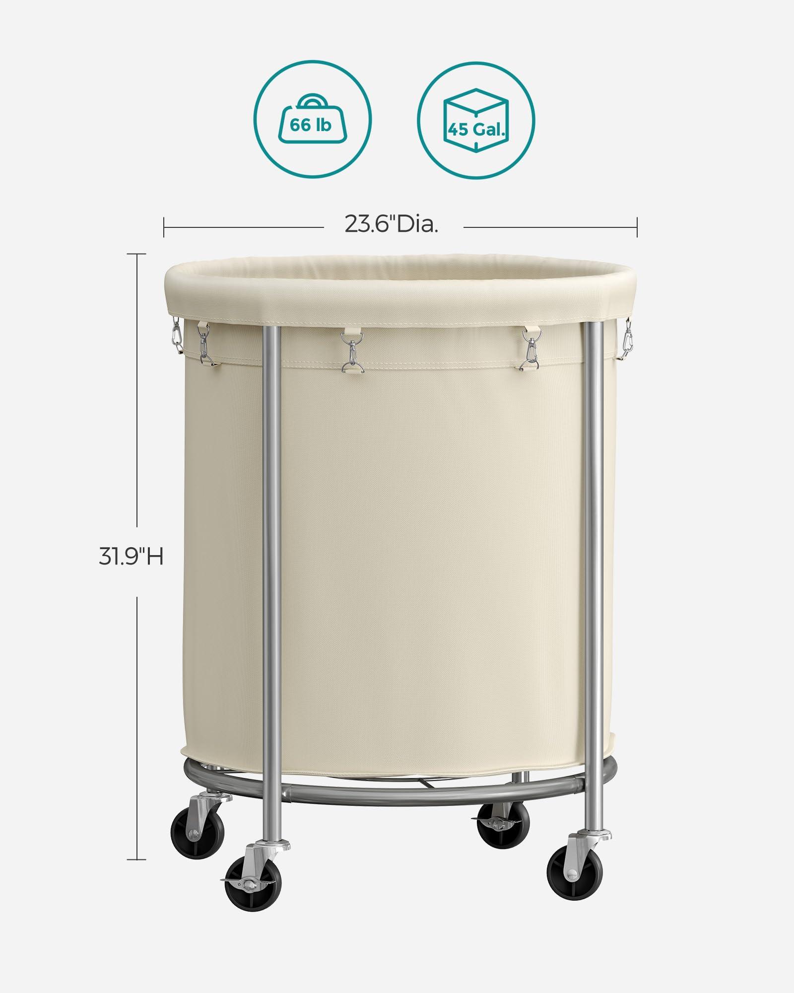 SONGMICS Laundry Basket with Wheels, Rolling Laundry Hamper, 45 Gal., Round Laundry Cart with Steel Frame and Removable Bag, 4 Casters and 2 Brakes, Cream and Silver URLS01MZ - Image 3