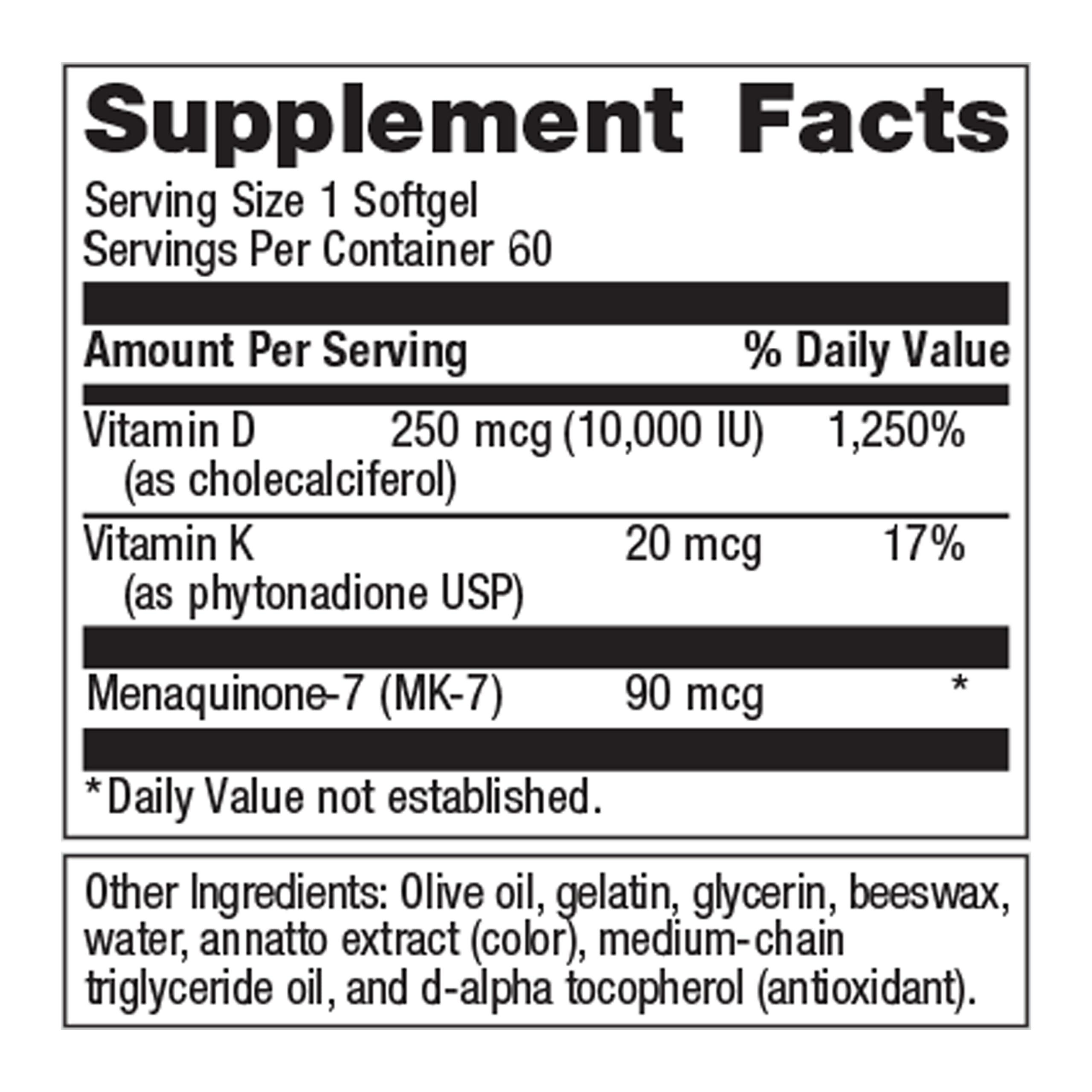 Metagenics Vitamin D3 + K - for Immune Support, Bone Health & Heart Health* - Vitamin D with MK-7 (Vitamin K2) - Non-GMO - Gluten-Free - 60 Softgels - 10,000 IU - Image 2
