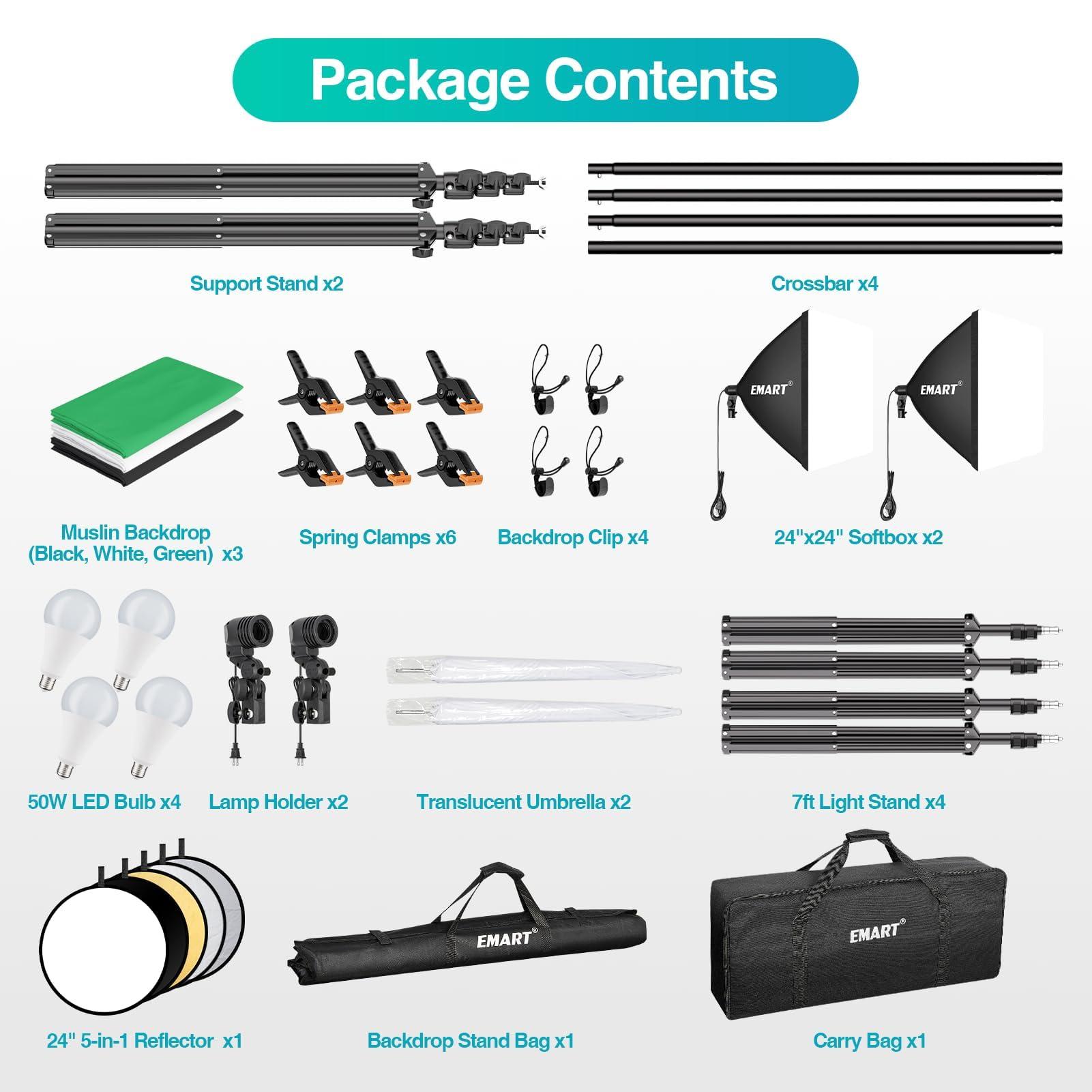 EMART 8.5 x 10 ft Backdrop Support System, Professional Photography Lighting Kit with 50W LED Blub, Reflector, 6 * 9ft Backdrop *3, Umbrellas&Softbox Lighting Kit for Studio, Portrait, Video Shooting - Image 8