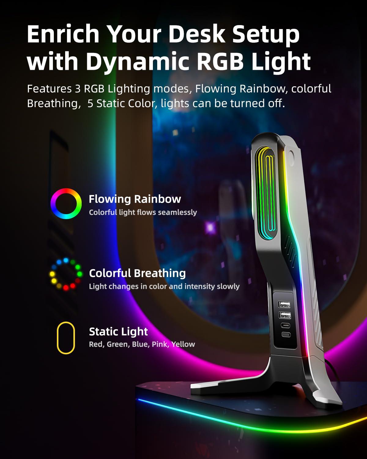 IFYOO RGB Gaming Headset Stand with 2 USB and 1 Type-C Ports, Game Headphone Mount for PC Computer, Xbox One, Xbox Series S/X, PS5, PS4, Earphone Holder Hanger, Desk Gamer Accessories, Black&White - Image 4