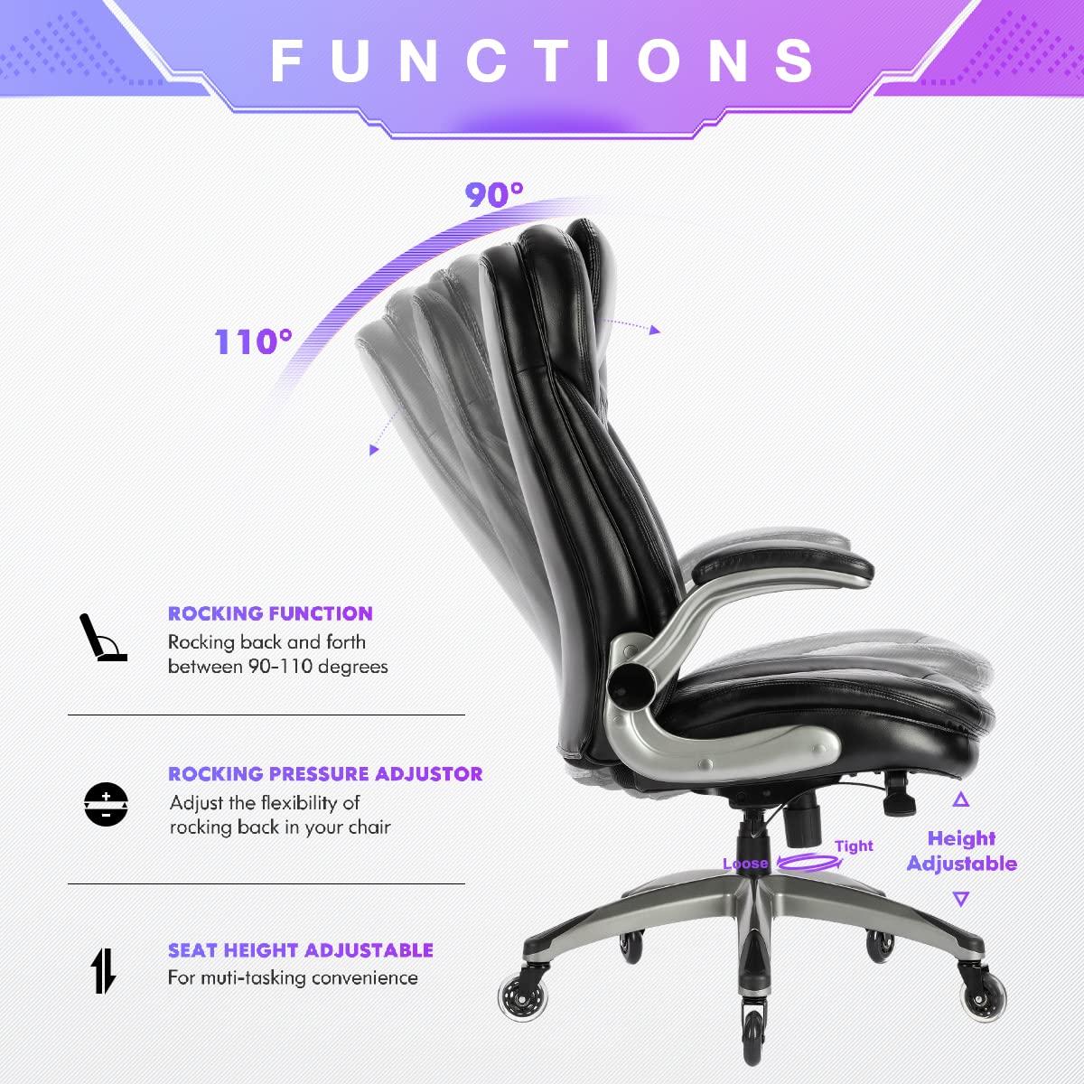 Office Chair Ergonomic Desk Chair-Executive Office Chair with Upgraded Caters, High Back Computer Chair Flip-up Arms, Strong Metal Base, Swivel Rolling Leather Chair for Adult Work/Study-Black, 300lbs - Image 7