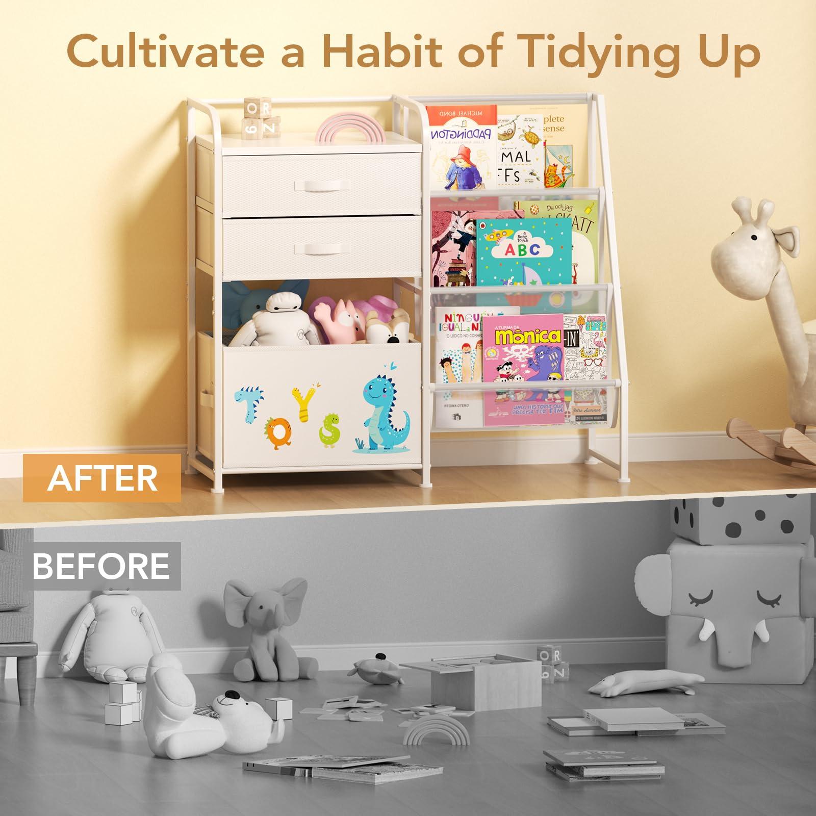 BBLIKE Kids Bookshelf and Toy Storage Organizer - 3 Tier Book Shelf with Movable Toy Box for Kids Rooms, Ideal Bookcase and Toy Organizer with 2 Drawers for Playroom, Bedroom, Nursery, White - Image 8